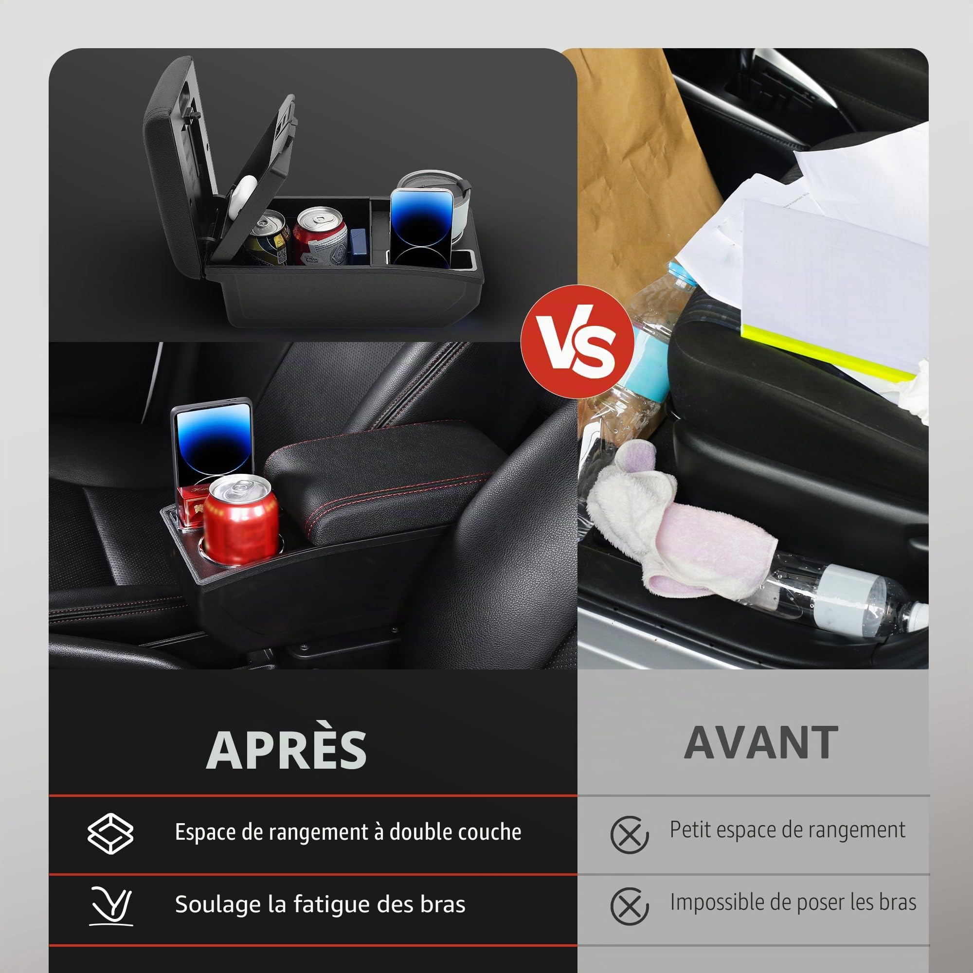 Accoudoirs de Voiture pour Opel Adam Console Centrale Double Couche D'espace de Rangement avec Porte-gobelets Facile à Assembler Cuir Confortable et Durable Noir (Ligne Rouge)