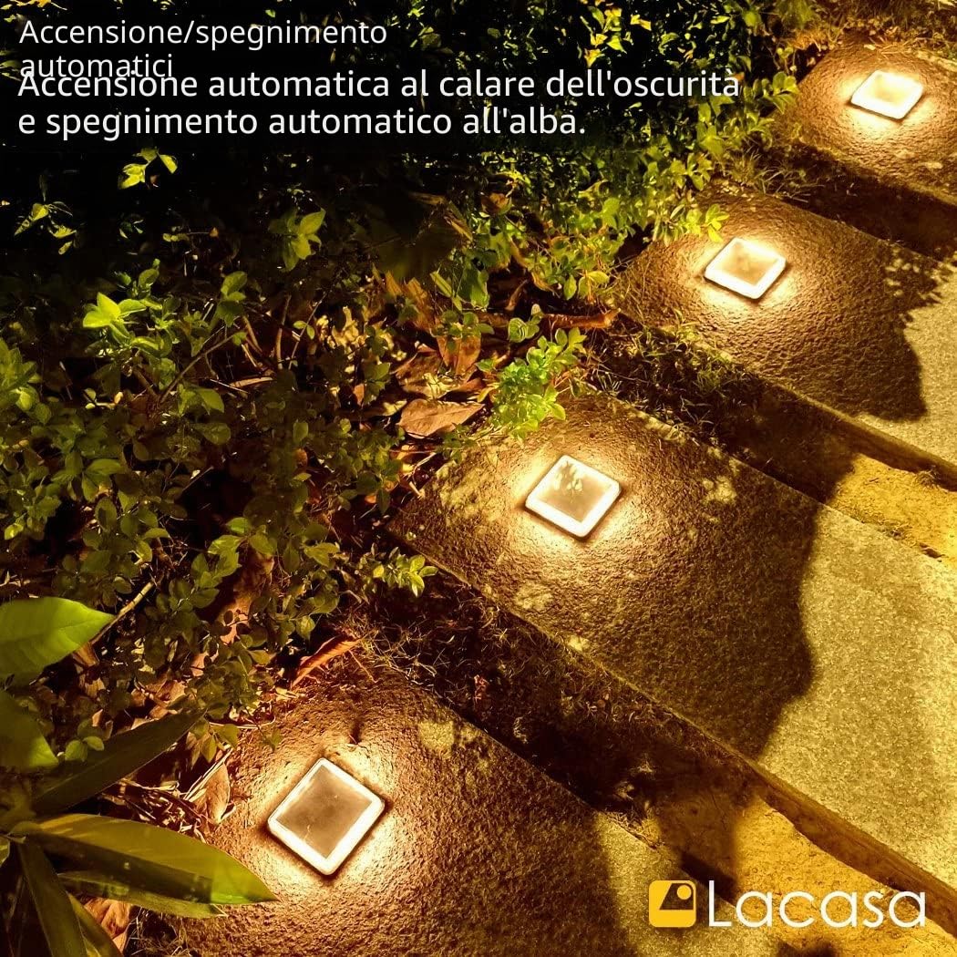 Lacasa Luci Solari da Giardino, LED Lampada Solare da Esterno, Auto On/Off Luci per Sentieri per Ponte Dock Passo Vialetto Passerella Percorso Scale Piazza Cortile - Bianco Caldo 4 Pezzi