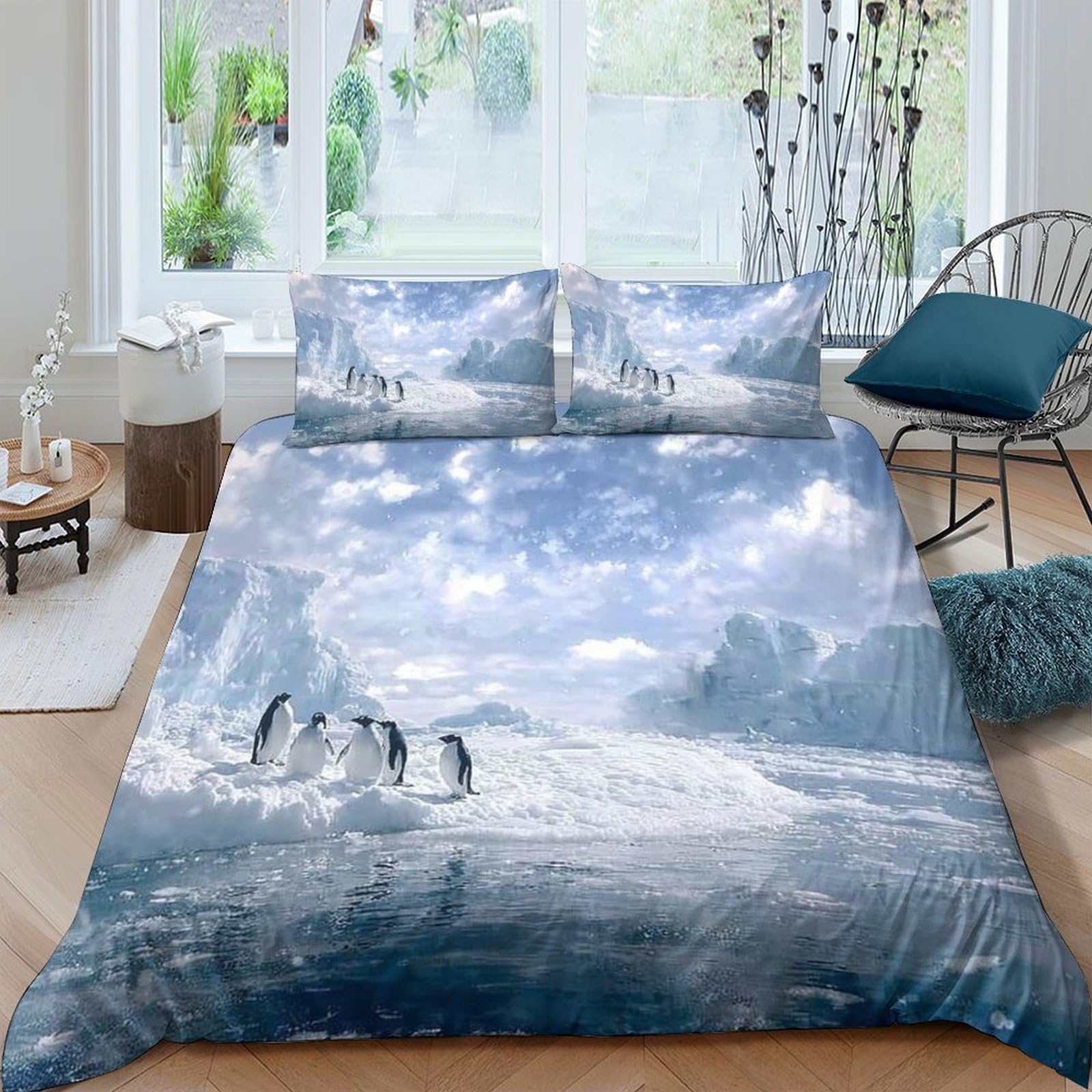 Ctjqhvkz Style-3 3D Printed Winter Penguin Landscape Fitted Sheet Microfiber Soft Breathable Iceberg Mattress Cover For Bedroom Decor Single（135X200cm）