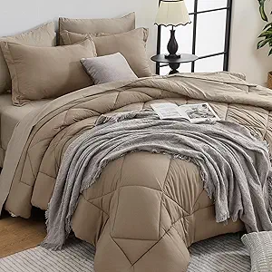 HEVUMYI Khaki & Linen King Comforter Set - 7-Piece All Season Bed in a Bag King, Ultra Soft Bedding Set with Comforter, Flat Sheet, Fitted Sheet, Pillowcases, Pillow Shams