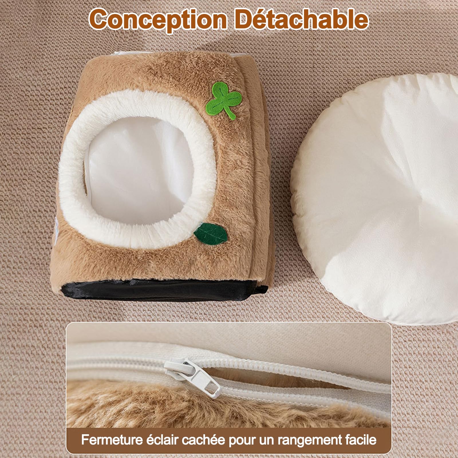 Galatée Niche pour Chat, Lit en Peluche Ultra Doux avec Dessous Antidérapant, Niche pour Chien Au Design Mignon Et Dessin Animé, Nid Spacieux, Tipi pour Chat Chaud Et Confortable(L, Marron)