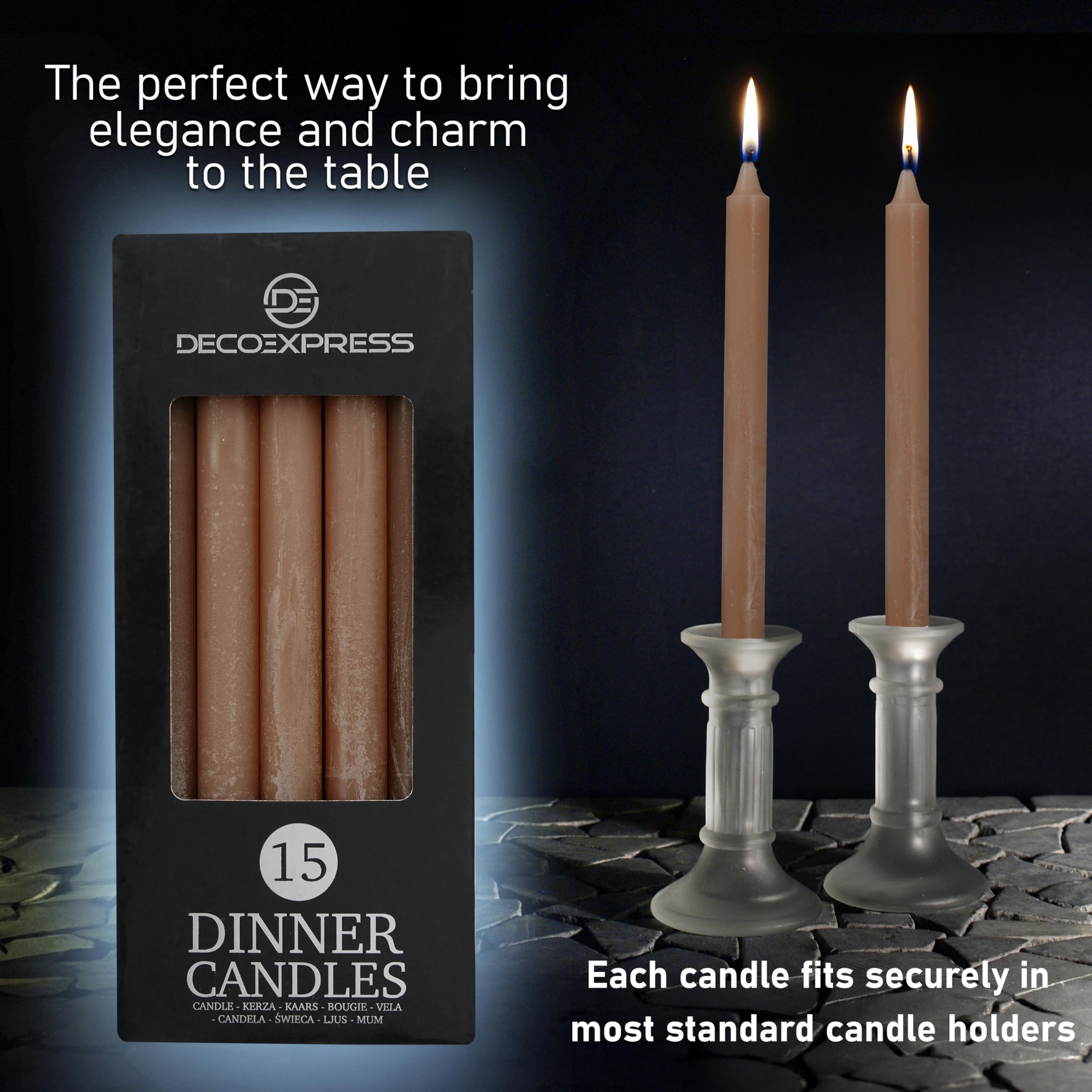 DECO EXPRESS Velas Rústicas Set de 15 Velas Larga Duracion 9 Horas Sin Fragancia Velas Decorativas Hecho a Mano (Marrón - Paquete de 15)