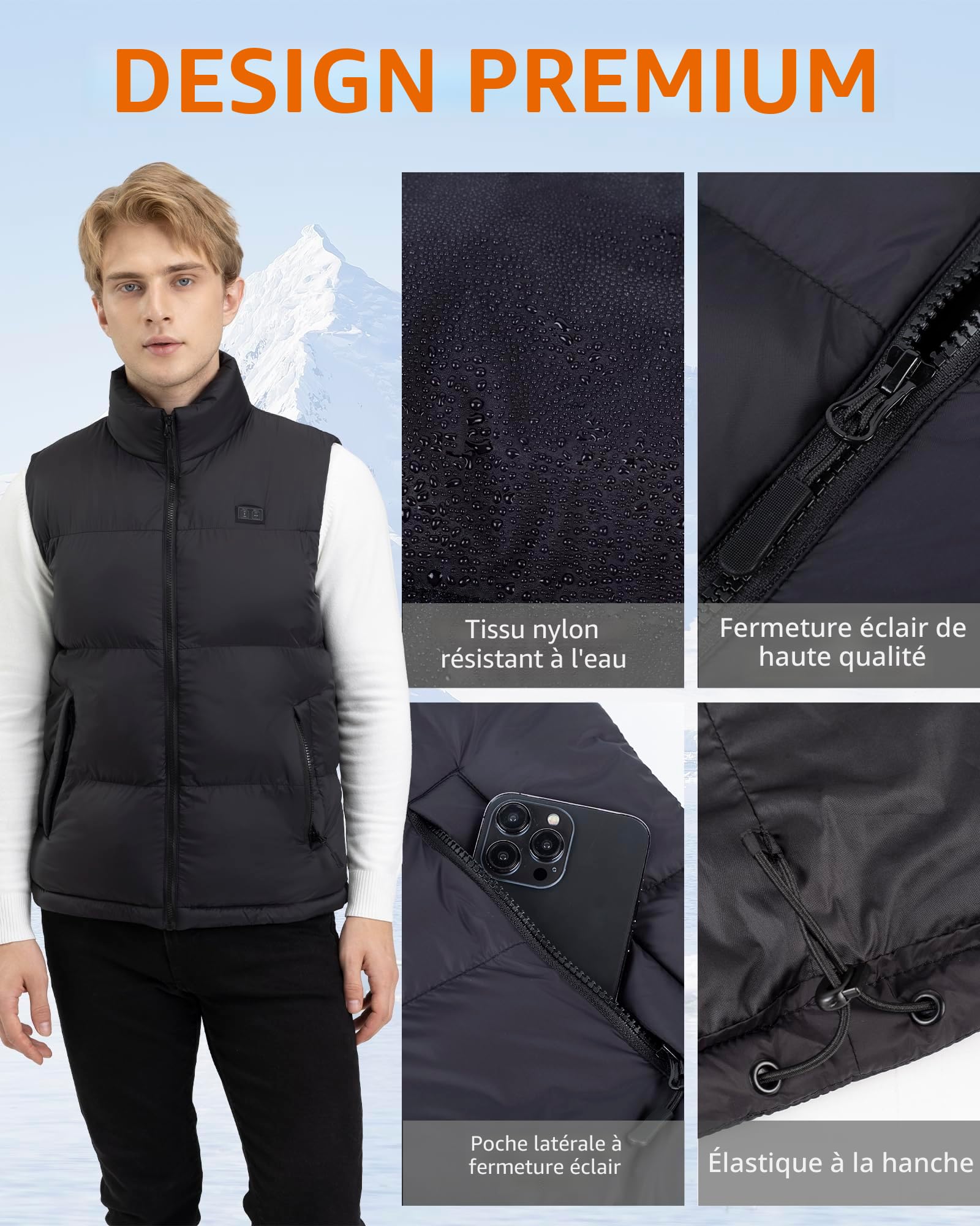 Veste Chauffante Homme 7.4V 18400mAh Batterie Incluse Gilet Chauffant 3 Températures Réglables Lavable