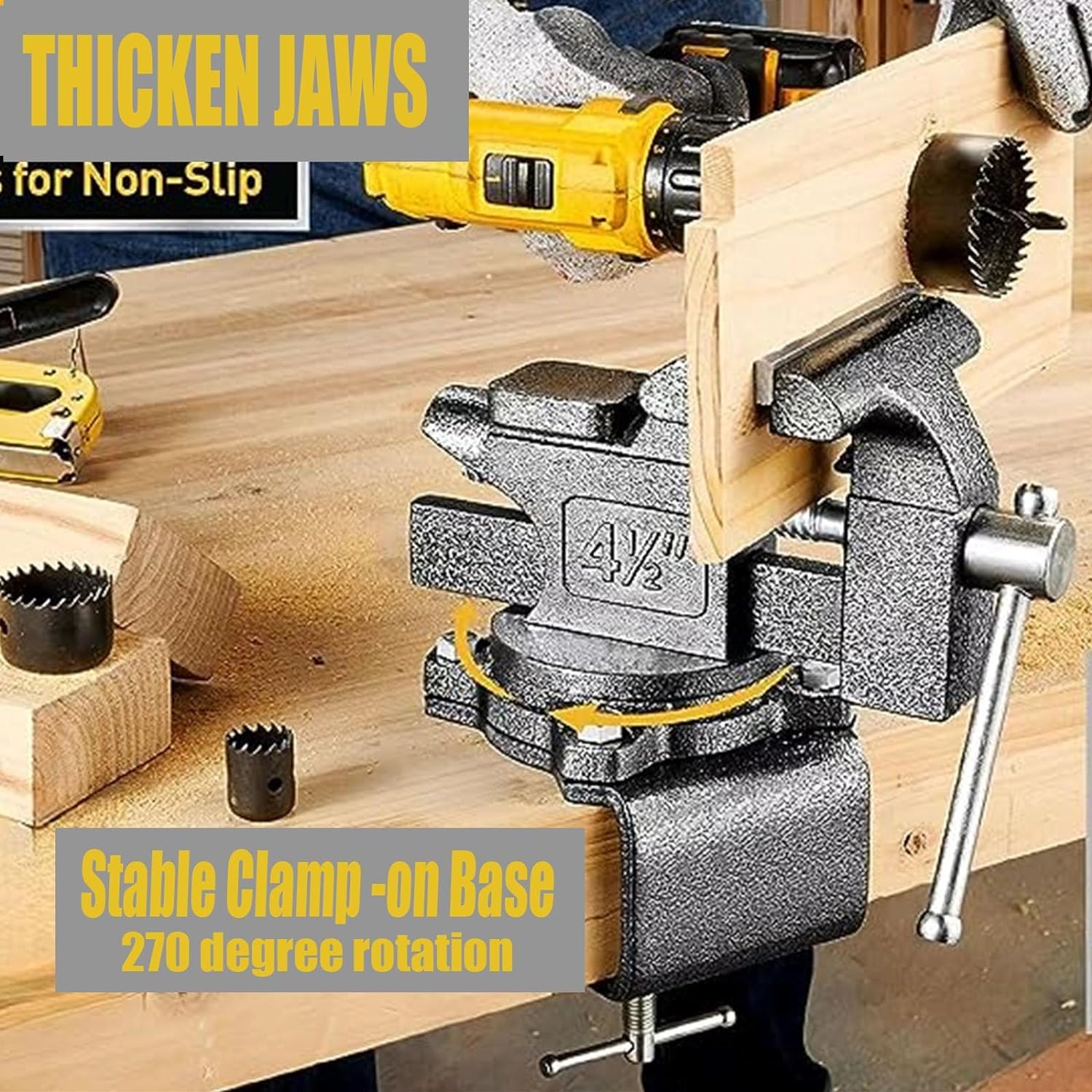 Bench Vise 4-1/2 Inch Heavy Duty Cast Iron Clamp - Multi-Jaw Swivel Base With Anvil For Woodworking