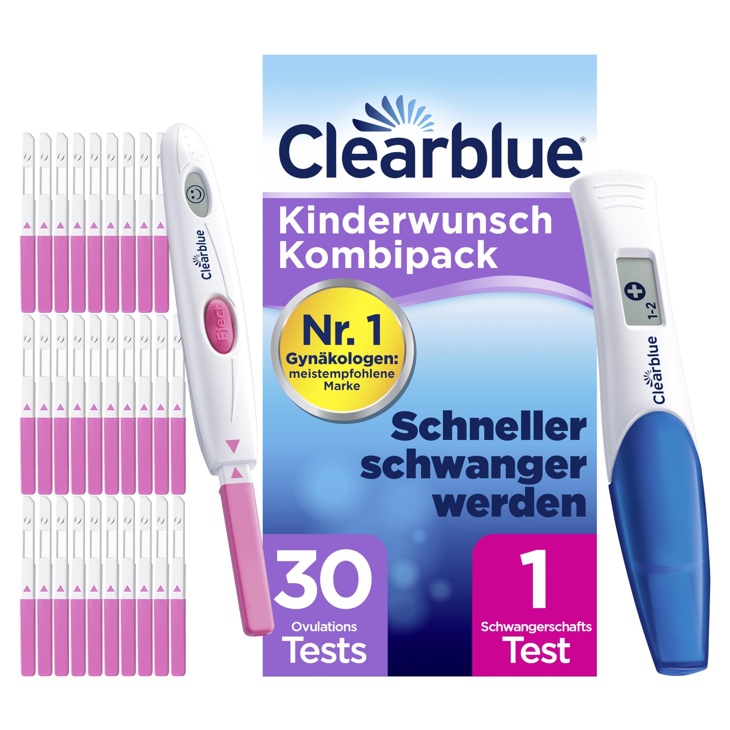 Clearblue Kinderwunsch Kit, 30 Ovulationstests + 1 Digitale Testhalterung + 1 Schwangerschaftstest Frühtest mit Wochenbestimmung, Frühschwangerschaftstest, Pregnancy Test, Fruchtbarkeitstest Frauen