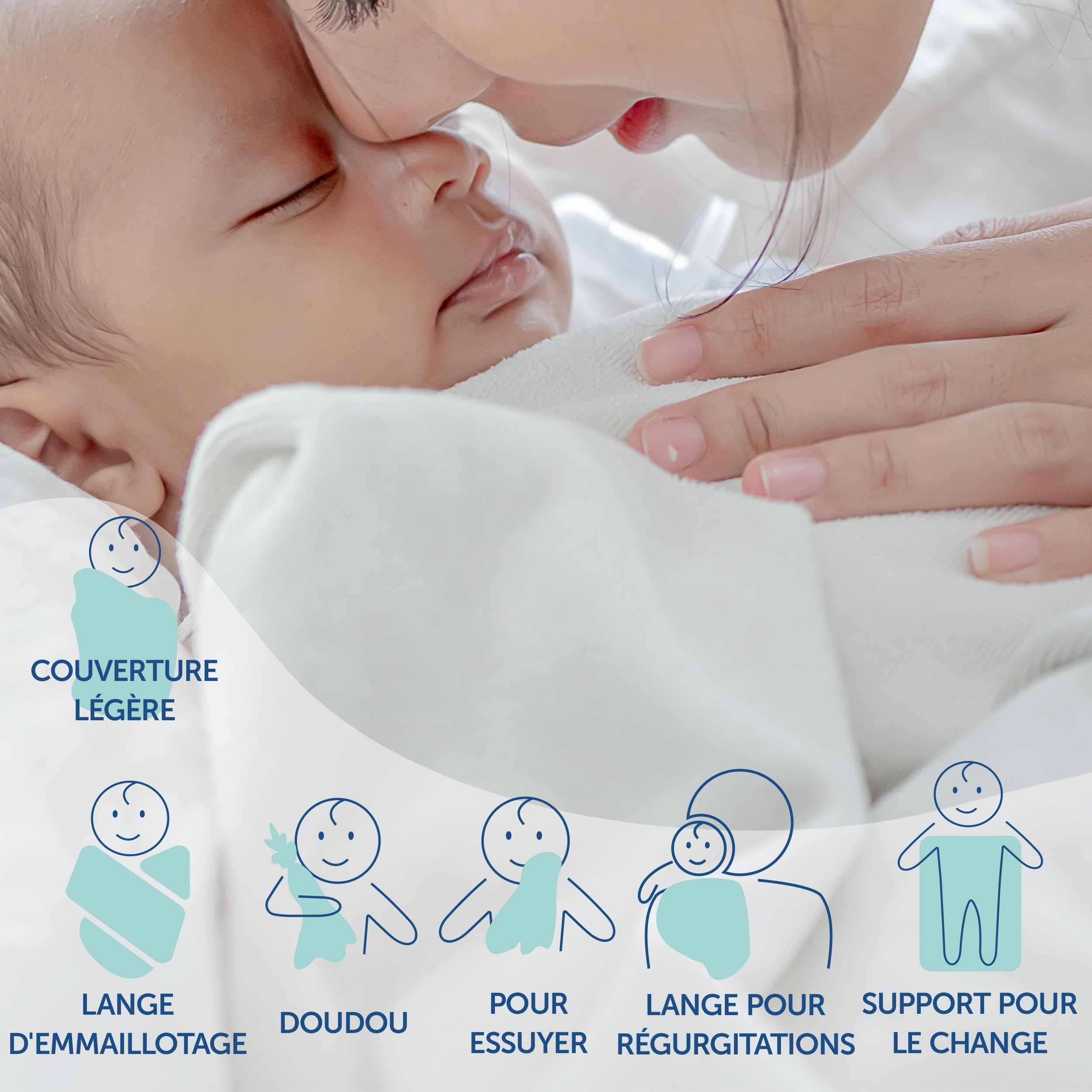 Langes en molleton bébé Lot de 5, 80 x 80 cm - Qualité supérieure - Couleur blanc, double tissage, bordure renforcée, certifié Öko-Tex Standard 100, lavable à 95° C