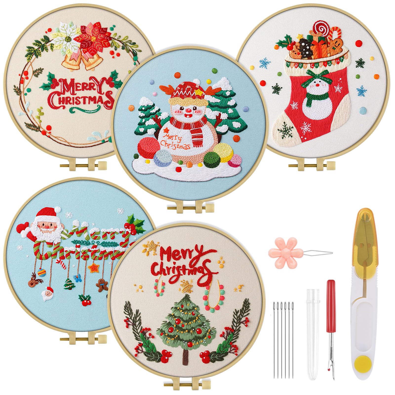 TINDTOP Christmas Embroidery Kit for Adult, 5 Pack Embroidery DIY Starter Kit, with Stamped Patterns, Hoop, Tools, Colorful Threads with Needles, Instructions