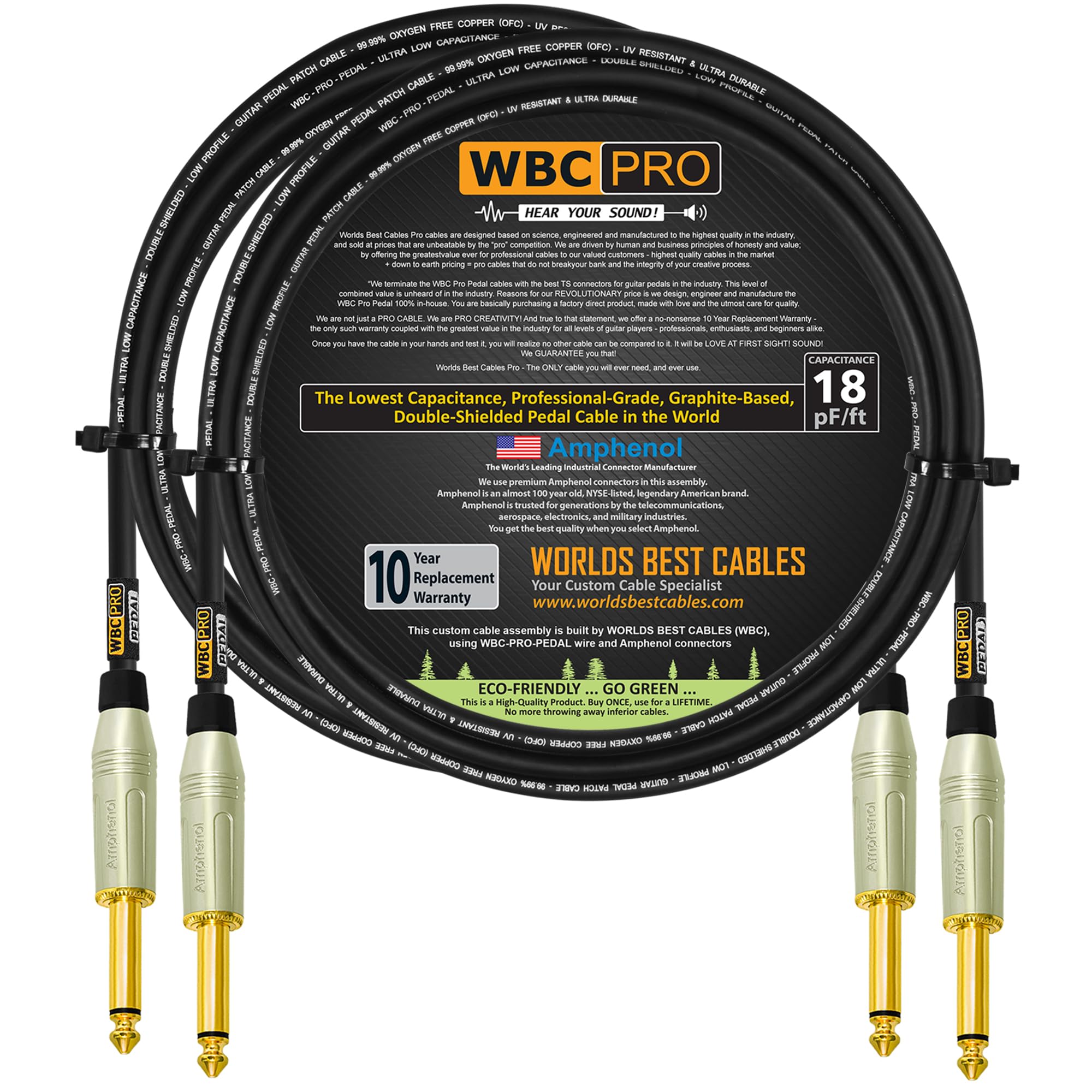 2 unidades – 4 pies – Pedal WBC-PRO-– 22 AWG – Tapa baja (18 pF/pies) – Grado profesional – Basado en grafito – Pedal de doble blindaje, efectos, parche, cable de instrumento y conectores Amphenol