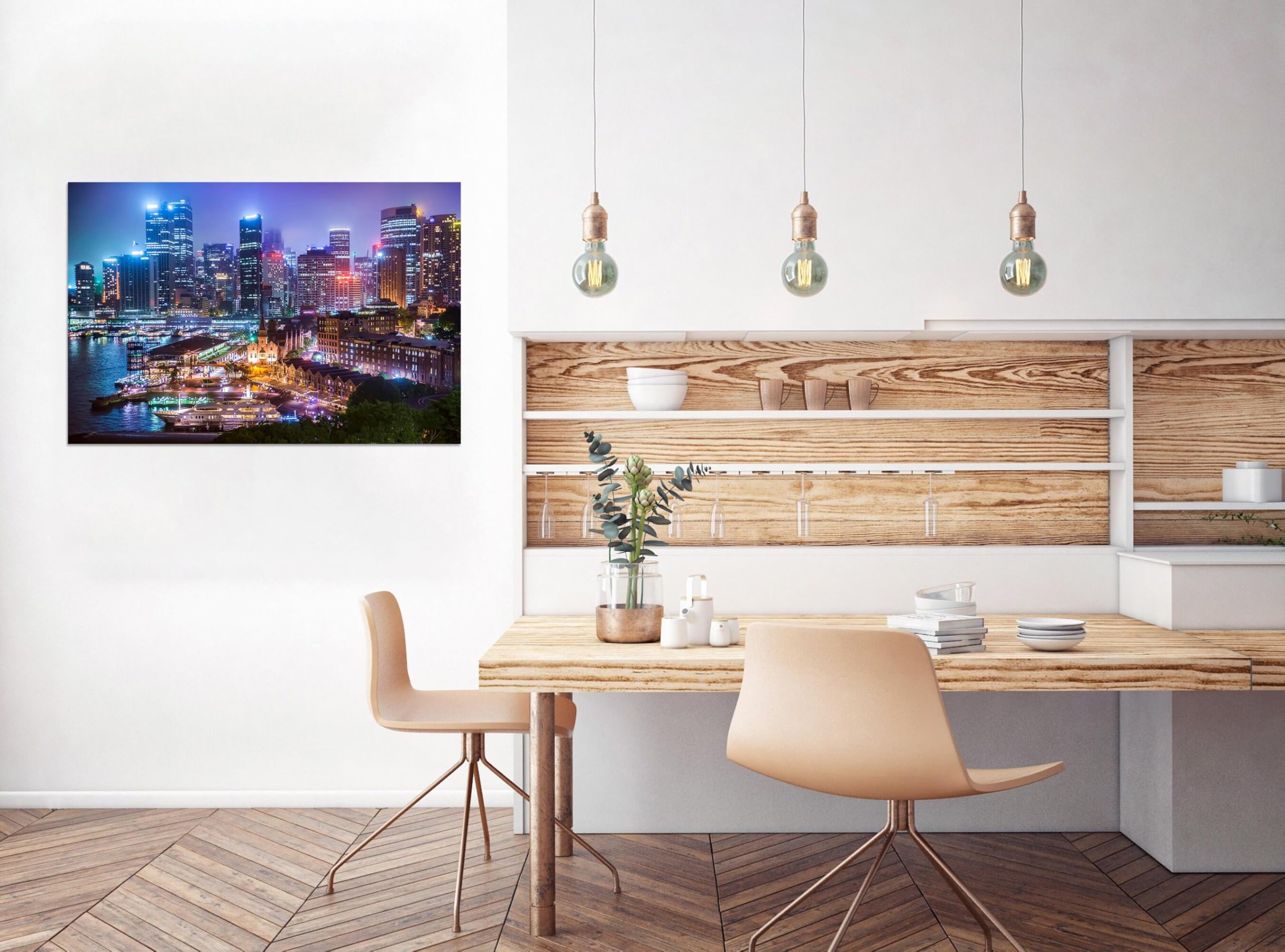 Stadtlandschaft Leinwandbild Fertig zum Aufhängen-Landschaftsbilder auf Leinwand-Nachtlandschaft Gebäuden Wandbilder Wohnzimmer-Panorama Kunstdruck 30x45cm Umwickelte Leinwand
