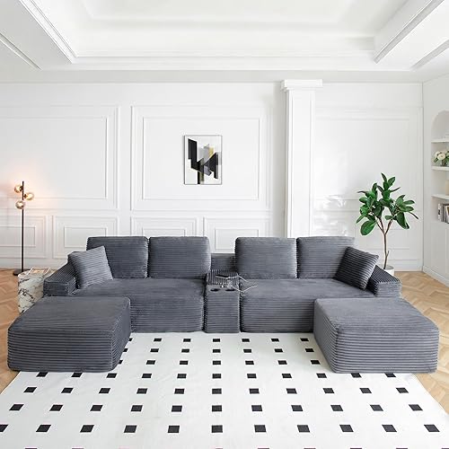 125” Oversized Modular Sectional Sofa, Deep Seat Corduroy Cloud Couch with Cup Holders, USB Ports & Storage Box, Sleeper Sofa Couch Boneless Couches for Living Room, No Assembly Required (Grey)