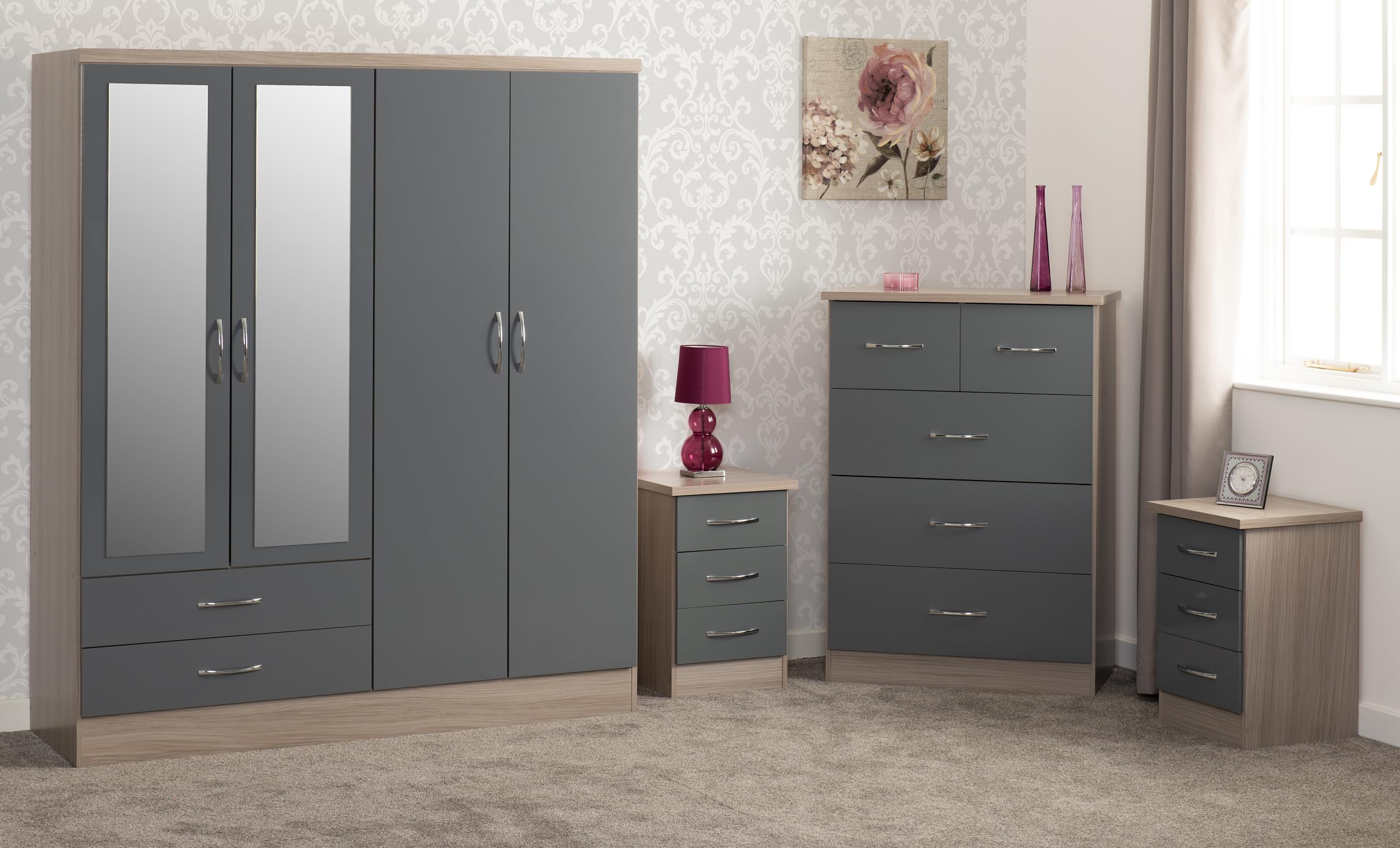 Seconique Nevada 4 Piece Grey Gloss Bedroom Set - 4 Door 2 Drawer Mirrored Wardrobe, 5 Drawer Chest & 2 X 3 Drawer Bedside