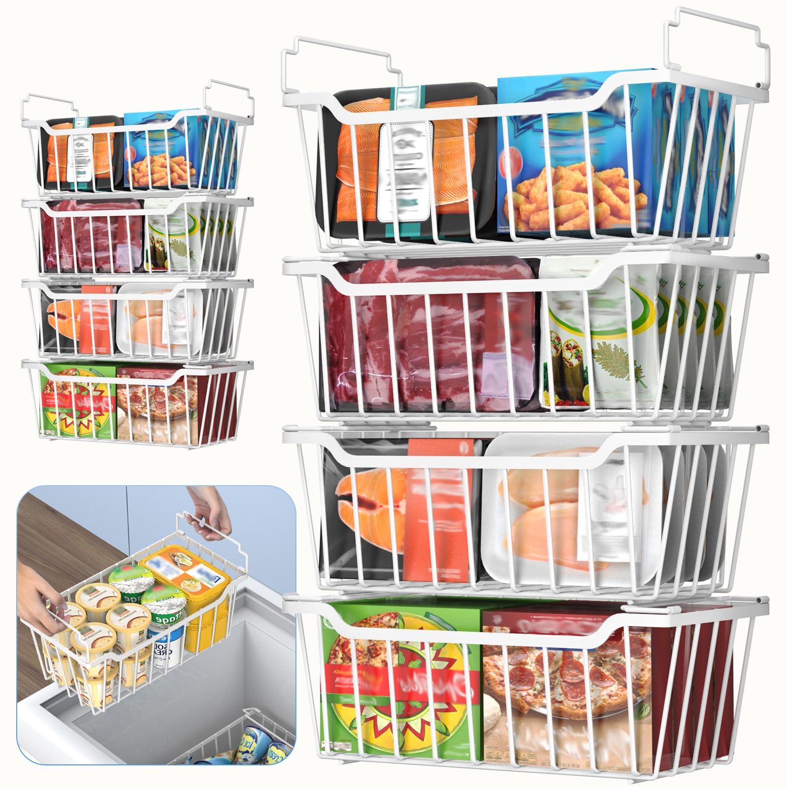 Goovilla Freezer Organizer Bins with Foldable Handle, 8 Pack Stackable Freezer Baskets for 3.5-7 Cu.FT Deep Chest Freezer Organization, White Metal