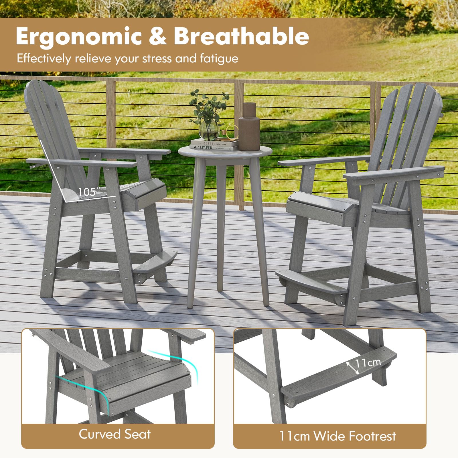 GIANTEX Adirondack Stuhl Hoch mit Fußstütze, Hochstuhl Gartenstuhl Balkonstuhl wetterfest aus HDPE, Barstuhl mit Armlehnen & lamellierte Sitzfläche & Rückenlehne, Outdoor Adirondack Chair 70x85x119 cm