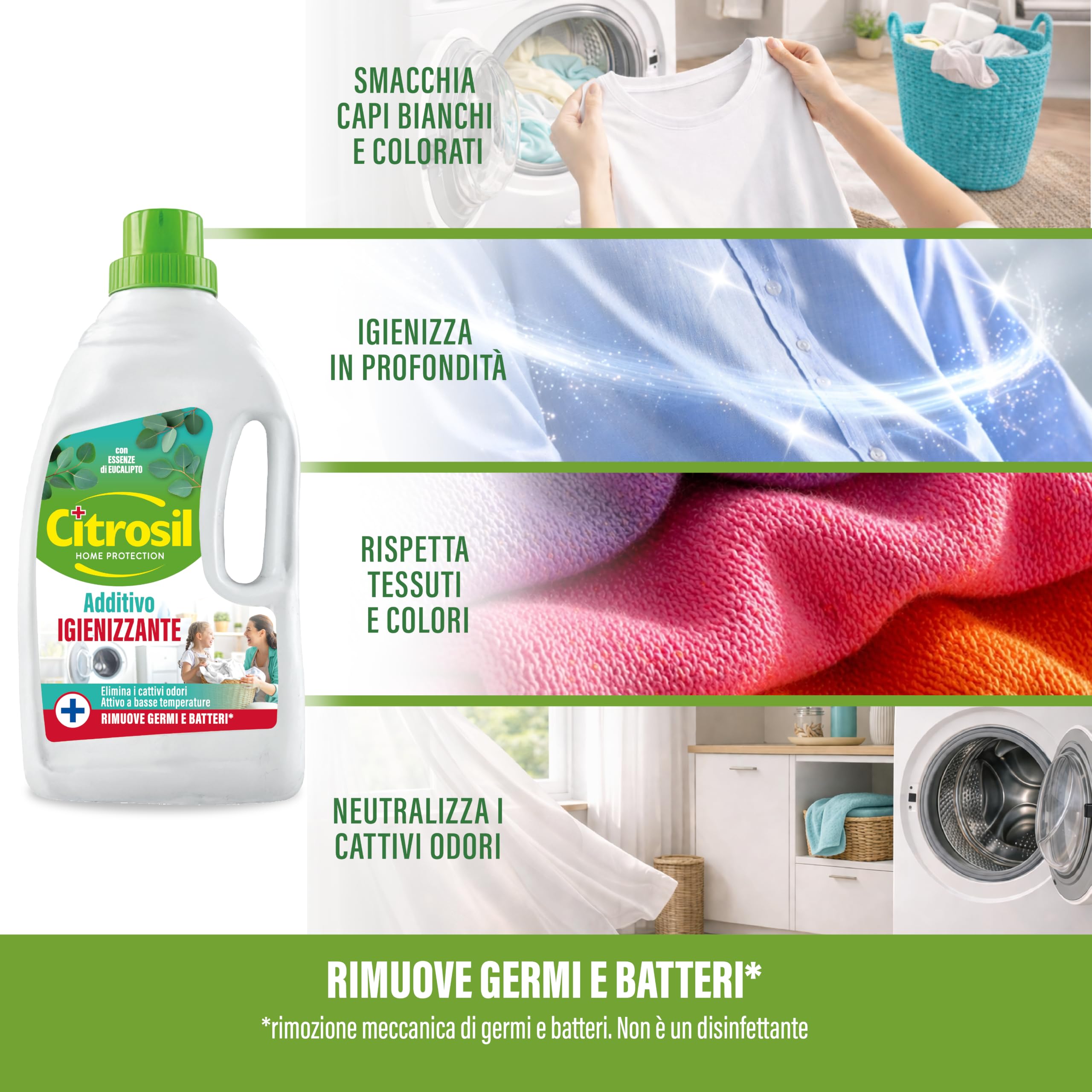 Citrosil - Additivo Disinfettante Liquido per Lavatrice e Bucato a Mano, con Vere Essenze di Agrumi, Azione Igienizzante e Disinfettante, Adatto per Capi Bianchi e Colorati, 1000 ml x 12 Confezioni | Additivo igienizzante: igienizza in profondità il bucat
