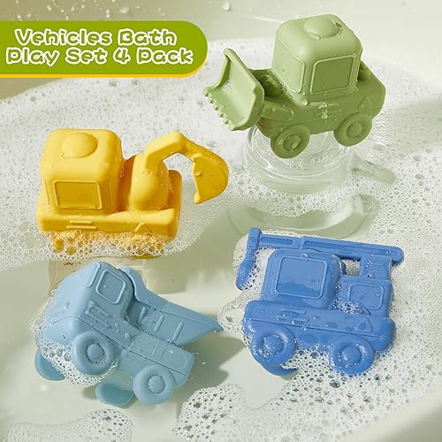 Miniatura 6 de Juguetes de baño para bebés sin moho, paquete de 4 juguetes de baño de silicona  Camión y juguetes de construcción  Suave, exprimible y flotante en