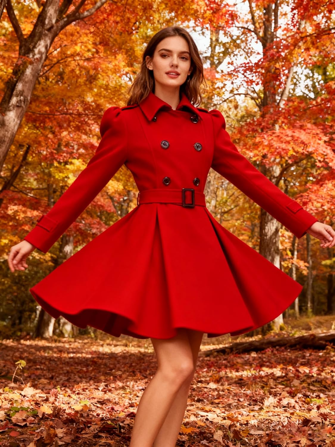 ForeMode Women Swing Double Breasted Wool Pea Coat with Belt Buckle Spring Mid-Long Long Sleeve Lapel Dresses Outwear - Image 7