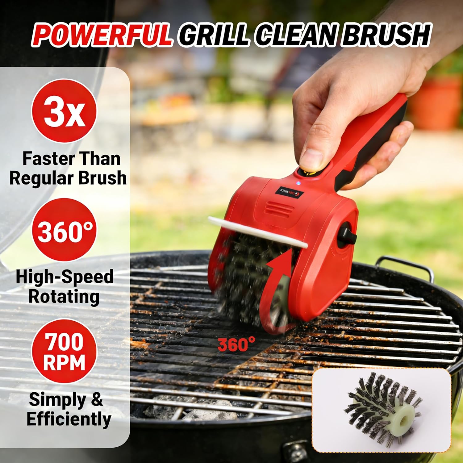 TOOLSPACE Cordless Electric Grill Brush, 700RPM Rechargeable BBQ Cleaner with Stainless Steel & Nylon Interchangeable Heads, USB Fast Charging, Lightweight Scrubber for Grill, Camping & Home