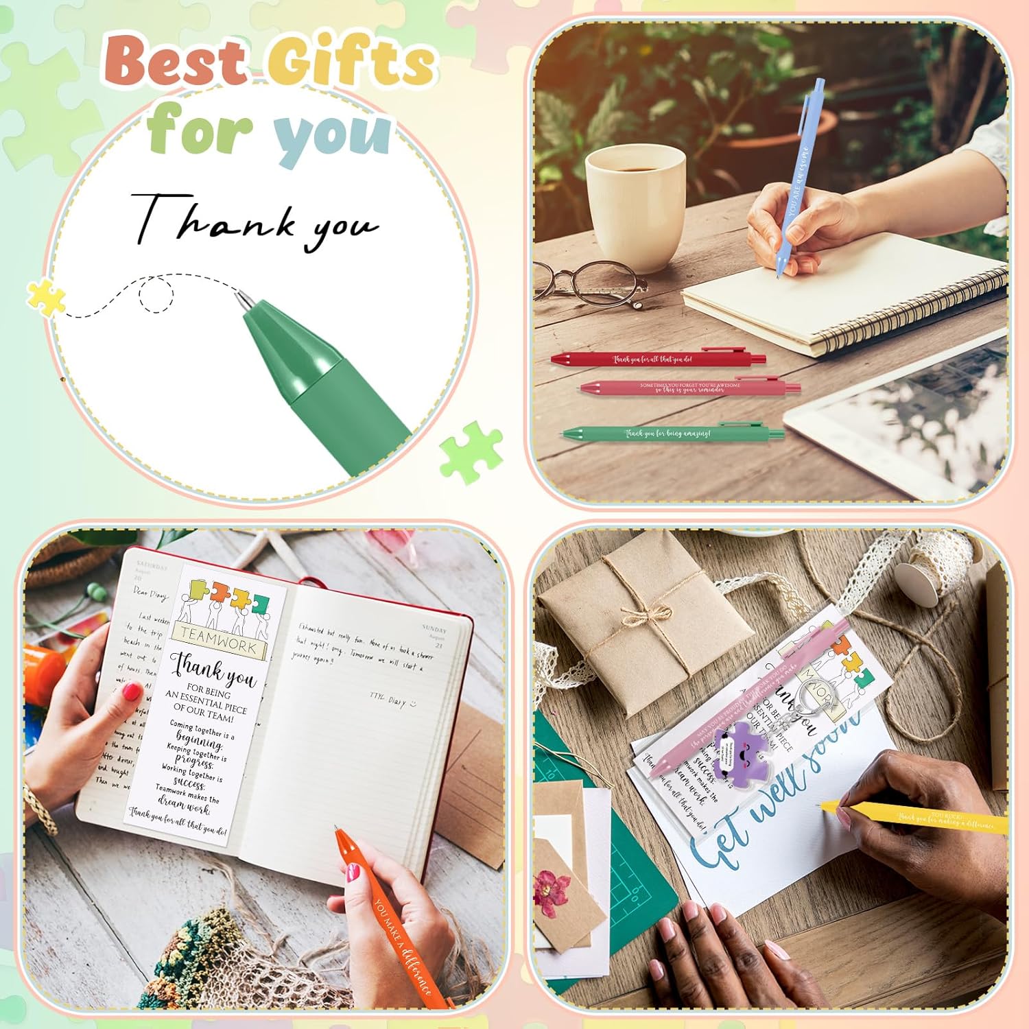 Dunzoom Employee Appreciation Gifts Bulk for Workplace Coworker Office Staff Teacher Nurse Doctor Social Worker Team Work Puzzle Piece Keychains & Thank You Pens(40 Set,Thank You) - Image 6