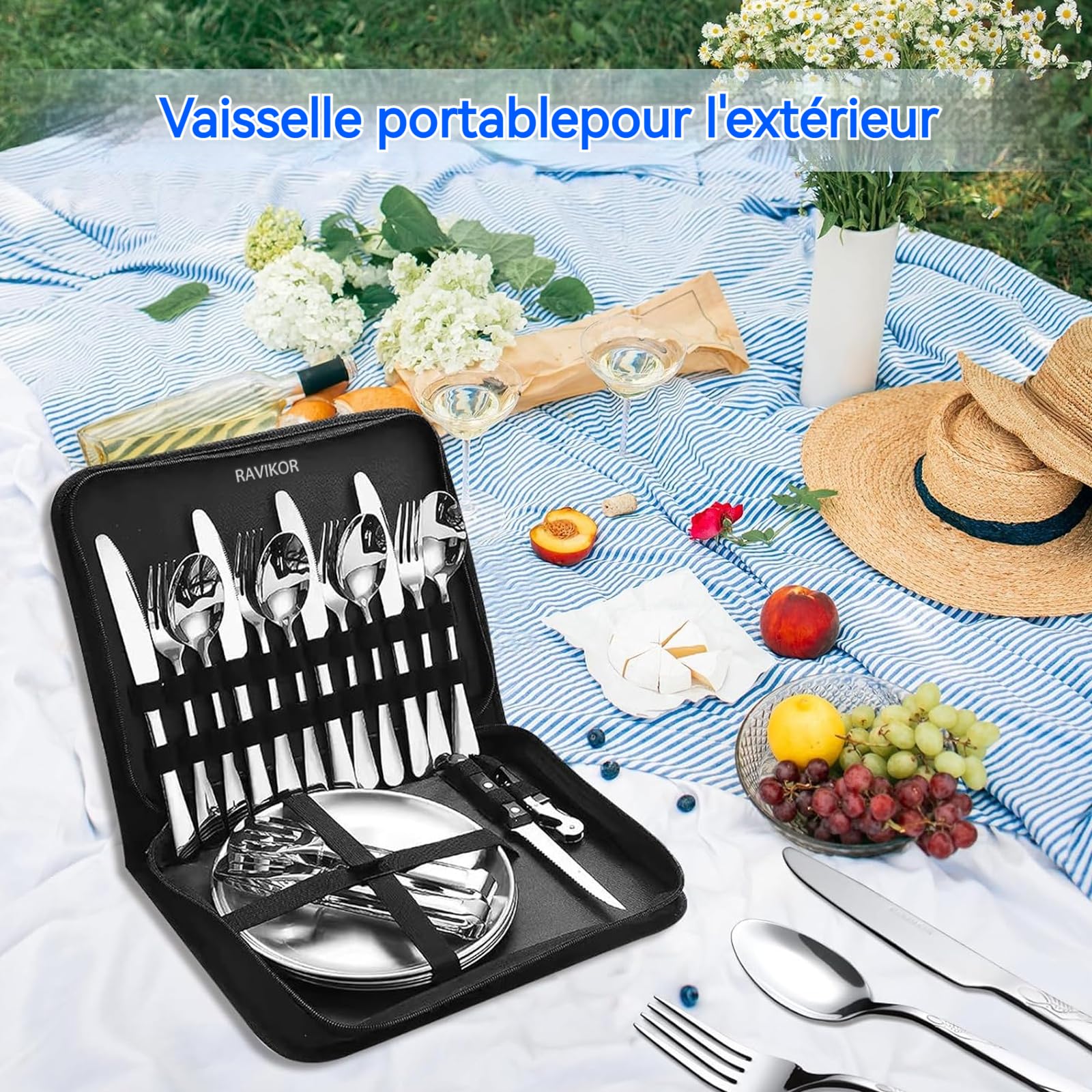 Set de couverts de camping 20PCS pour Étui de rangement avec fermeture éclair air acier inoxydable alimentaire Couverts portables
