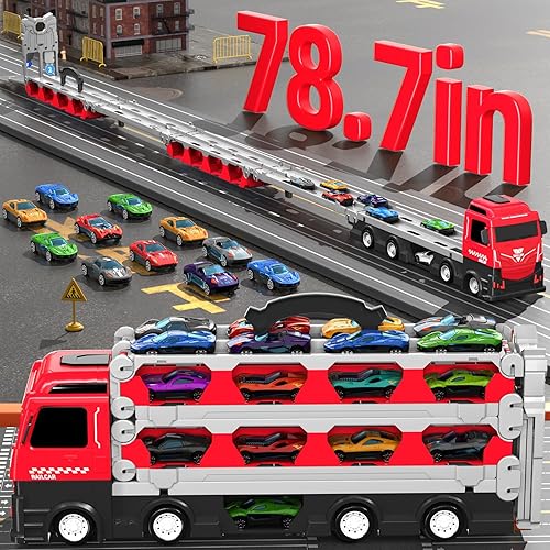 Miniatura 10 de Juguetes de camiones de 78 pulgadas para niños de 1-3, 2, 4, 3-5, 4-7 años, camiones de transporte con 24 piezas de autos fundidos a presión,