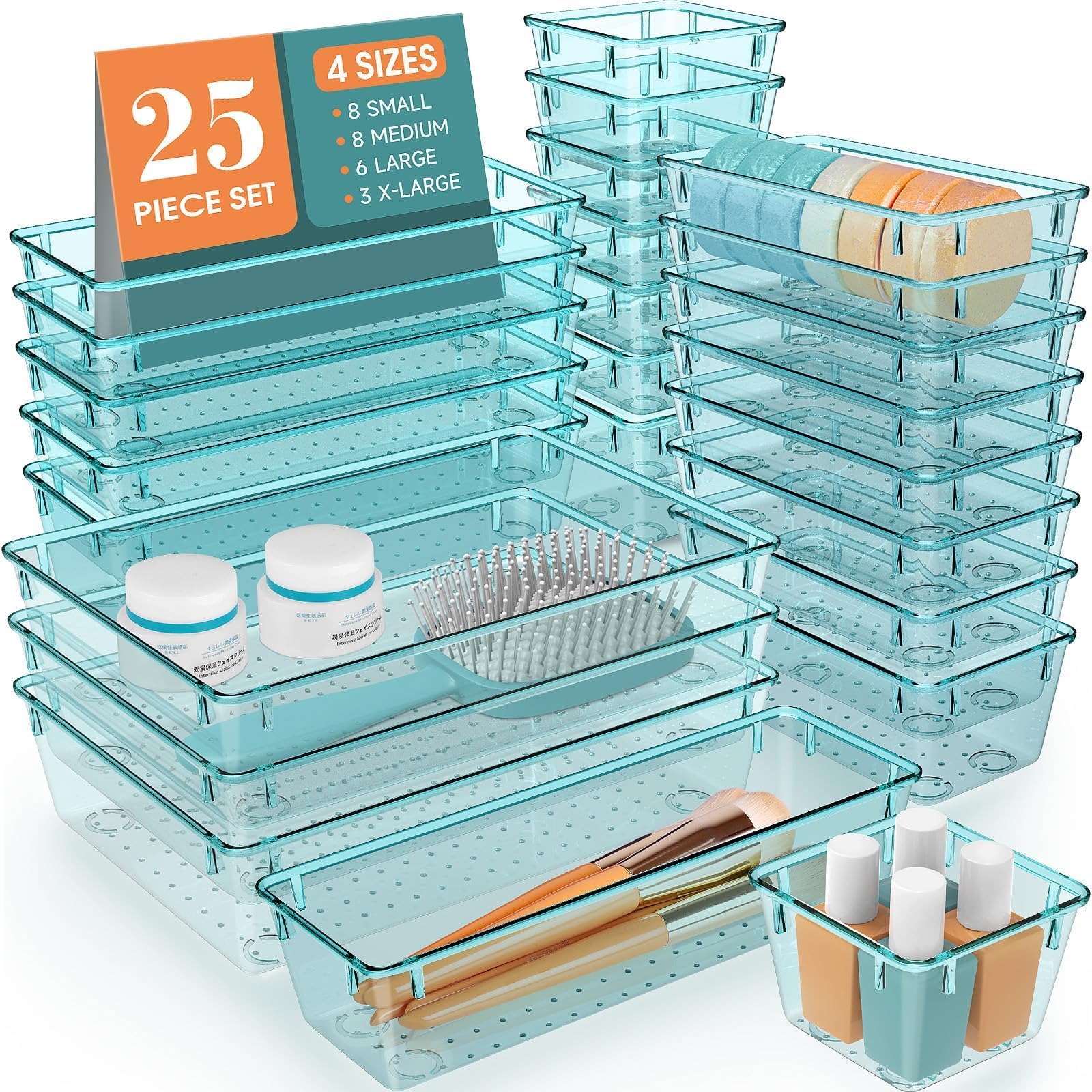 25 PCS Drawer Organizer Set, 4 Varied Size Bathroom and kitchen Drawer cabinet organizer Trays, Clear Storage Bins for Makeup, Jewelry, Utensils and Gadgets