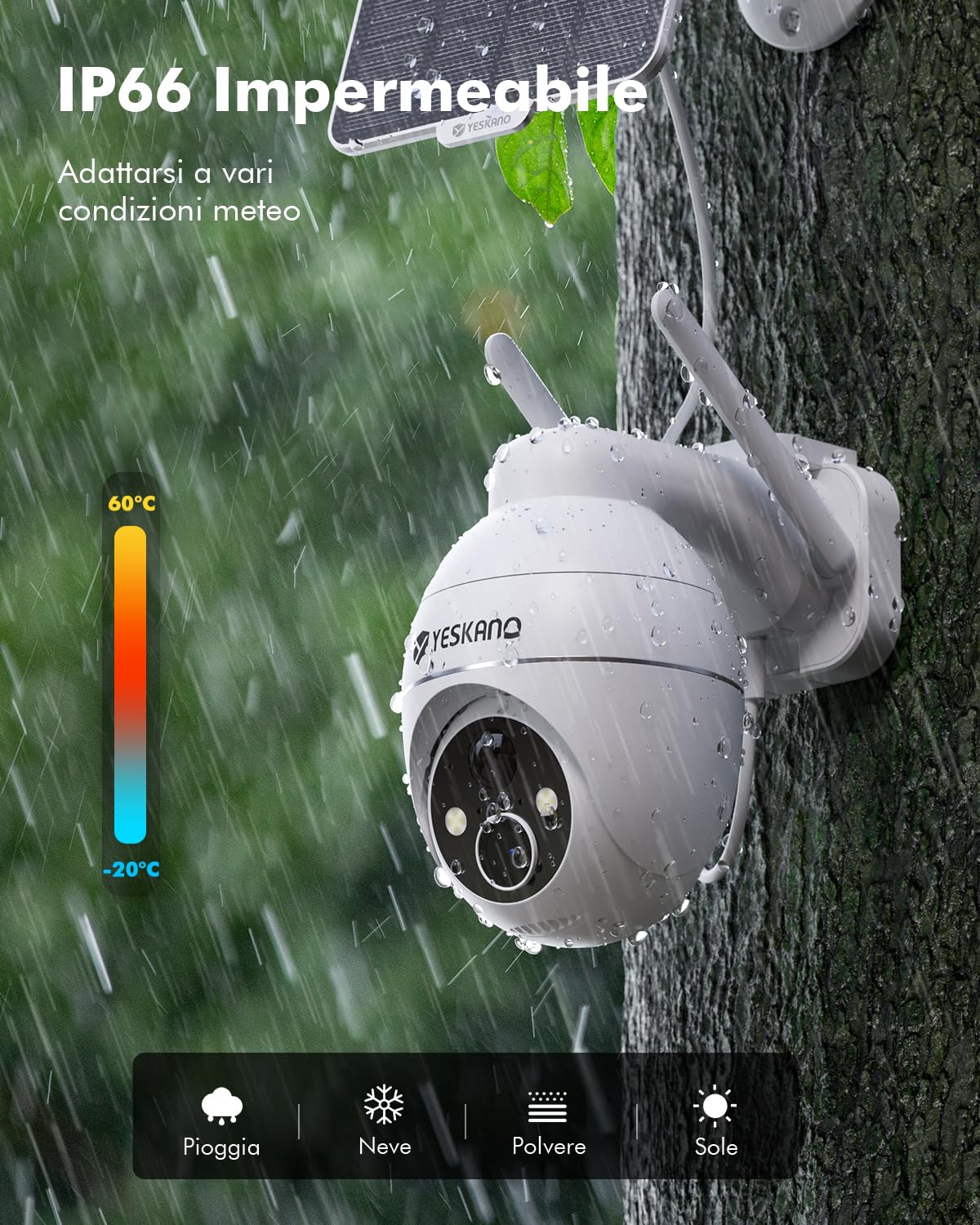 YESKANO 2K Telecamera Wi-Fi Esterno Senza Fili Con Pannello Solare, 360° PTZ Videocamera Sorveglianza A Batteria, Visione Notturna A Colori, Rilevamento Umano/PIR con Allarme, 2 Vie Audio, 2.4GHz,IP66