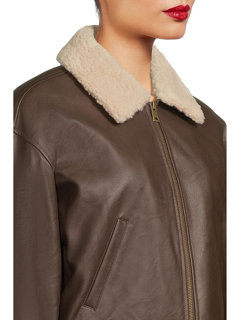Brown Levi's® Faux Leather Bomber With Sherpa Collar