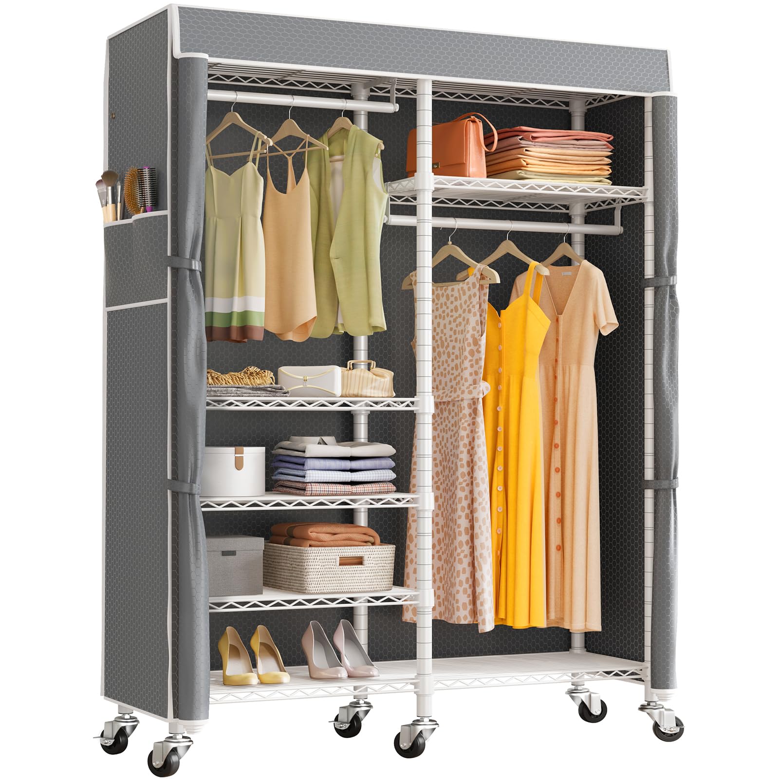 Portant Vetement M MZG Portant à Vêtements Robuste à 3 Niveaux Réglables Avec 2 Tringles Et Crochets Latéraux, Armoire De Rangement Avec Roulettes, Noir, 40 X 74,9 X 189,2 Cm Portant Vetement Solide