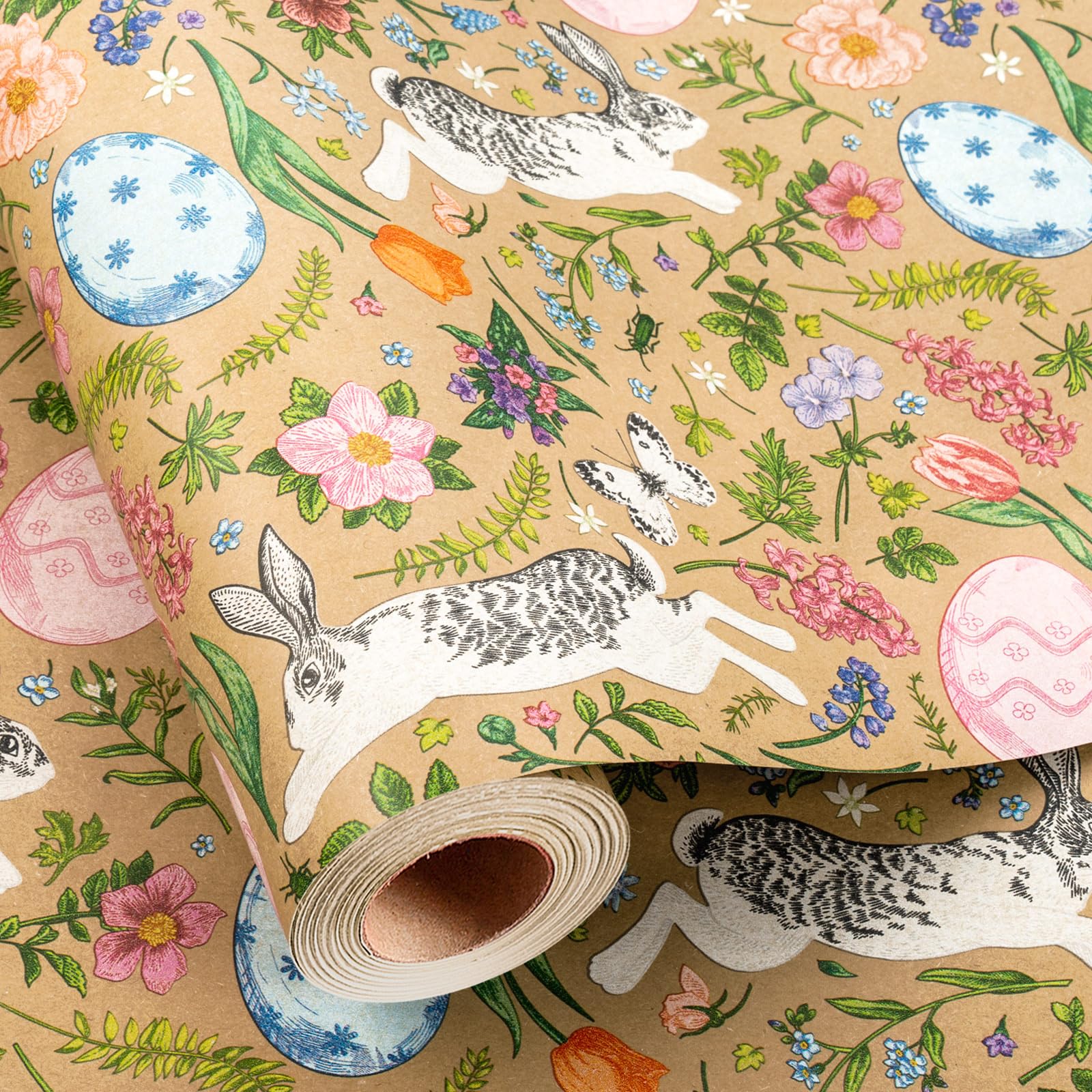 Homeral Kraft Easter Wrapping Paper - Mini Roll - 17 Inch x 33 Feet - Colorful Rabbit, Eggs and Floral Gift Wrap for Easter, Spring Celebrations and Holiday
