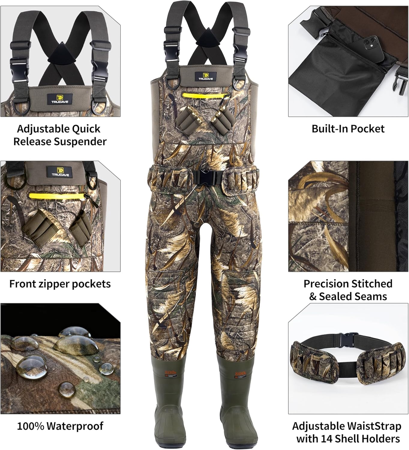 Trudave Hunting Waders with Boot Hanger & 800GRAM Insulation, 6mm Waterproof Neoprene Camo Wader, 100% Waterproof and Warm - Image 3
