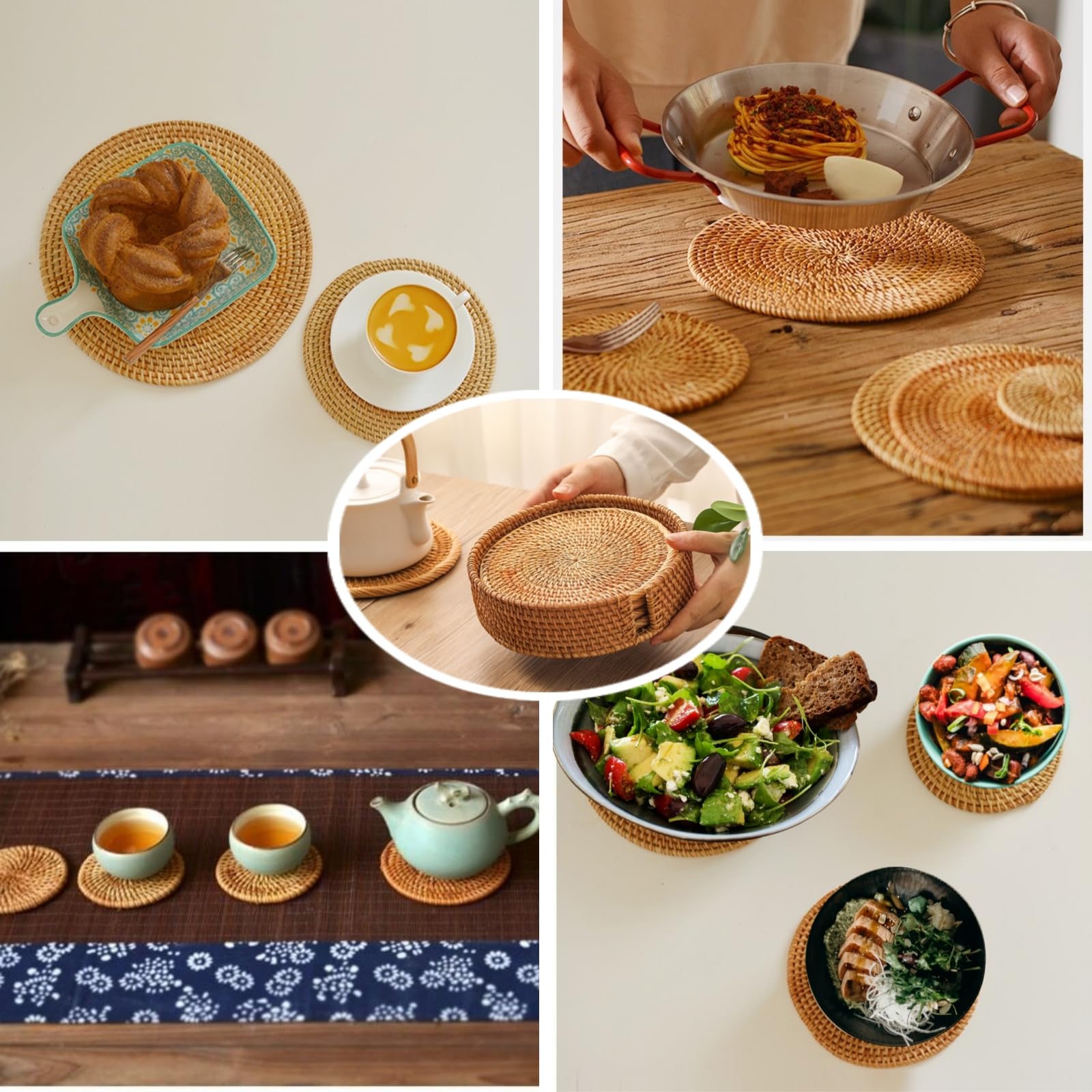6er Set Rattan-Untersetzer, Rund Durchmesser 10-20cm Tischuntersetzer Herbst-Rattan-Flechten für Getränke, Tassen, Bar - Dekorative - Glas untersetzer Set (16cm Satz)