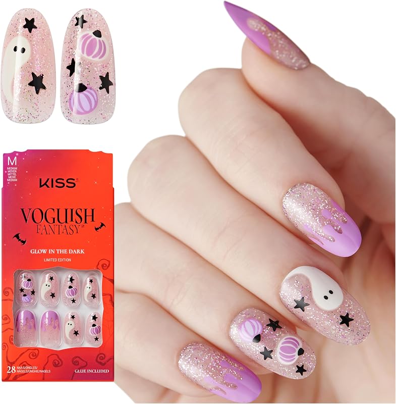 Voguish Fantasy Halloween Press On Nails, 'Mystery', morado, ovalado medio, brillan en la oscuridad, efecto brillante, pegamento de uñas de gel rosa (2 g), 28 uñas postizas
