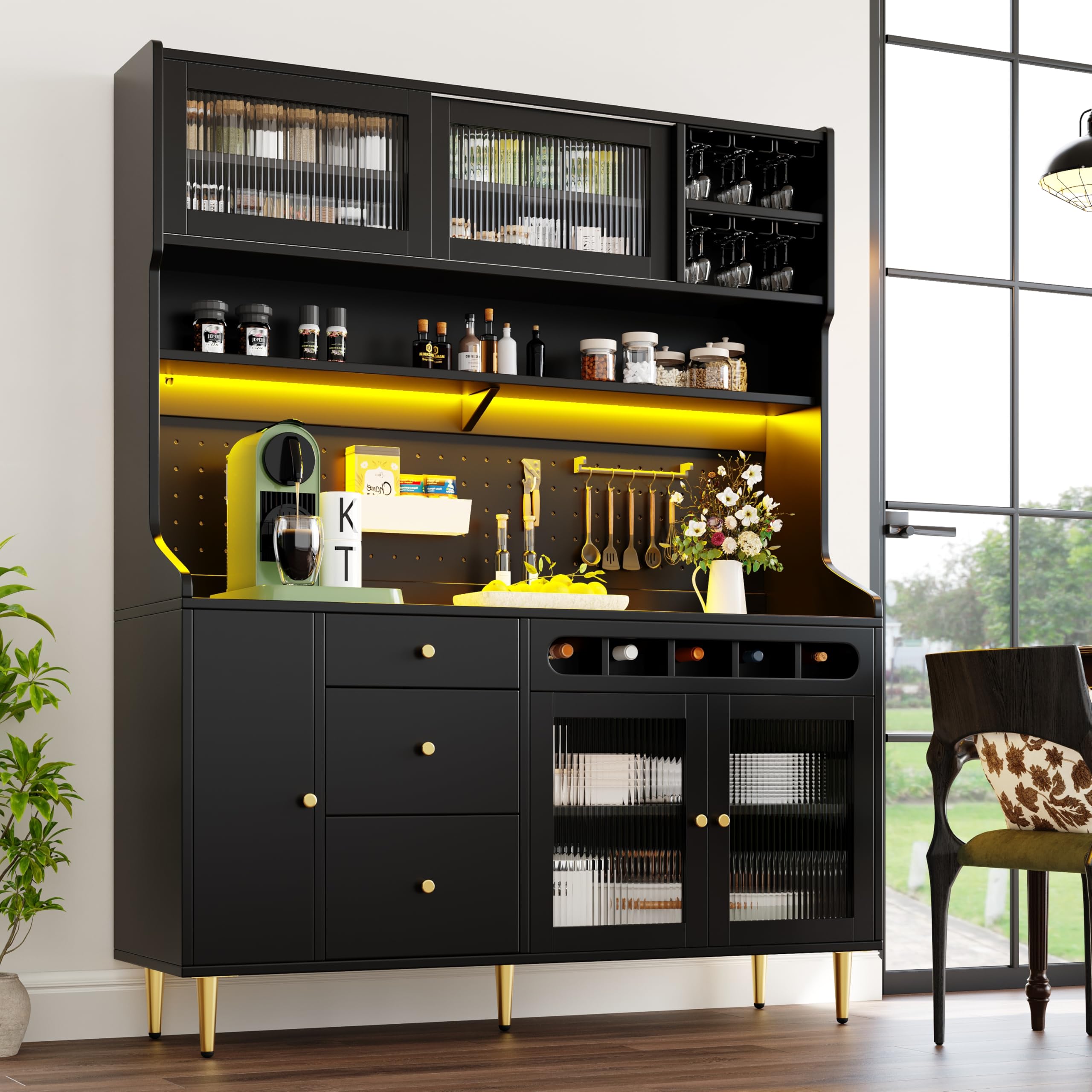 Ball & Cast Highboard with LED Lights & Adjustable Shelves, Freestanding Storage Cabinet, Tall Unit with Wine Rack for Living Room, Kitchen, Dining Room, 145 x 39 x 171 cm Black