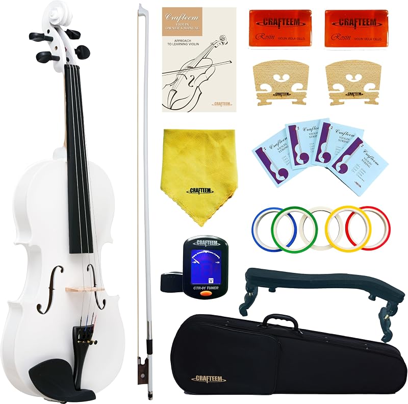 Crafteem 1/4 Fiddle White Colored Premium Violin Outfit for Beginners Adults Kids With 5 Color Fingering Tape- Handcrafted Student Beginner Violin.
