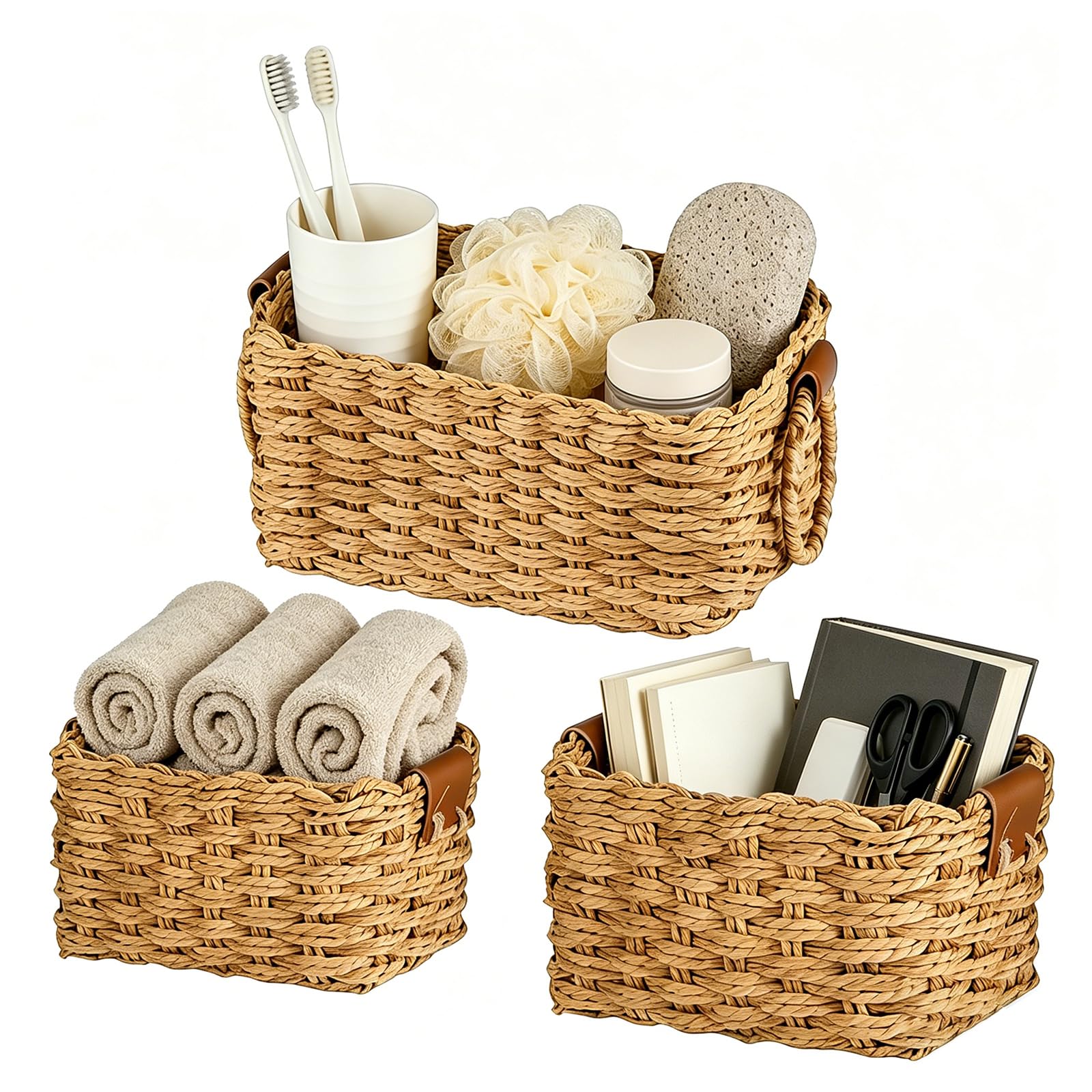 3 Set Woven Wicker Storage Baskets, Paper Rope Storage Boxes, Multifunctional Storage Baskets Empty, Decorative Bin Organizers, Small Baskets for Gifts, Cupboards, Drawers, Shelves, Dresser - Brown