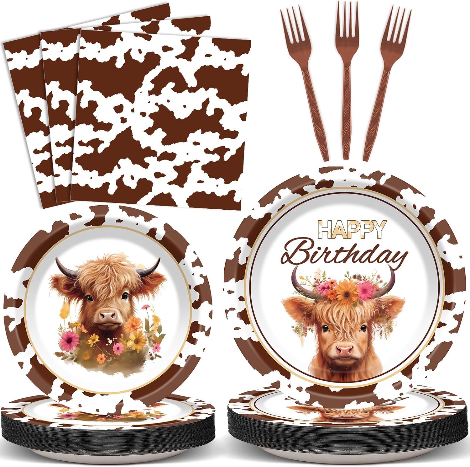 200 Pcs Highland Cow Birthday Tableware Disposable Brown