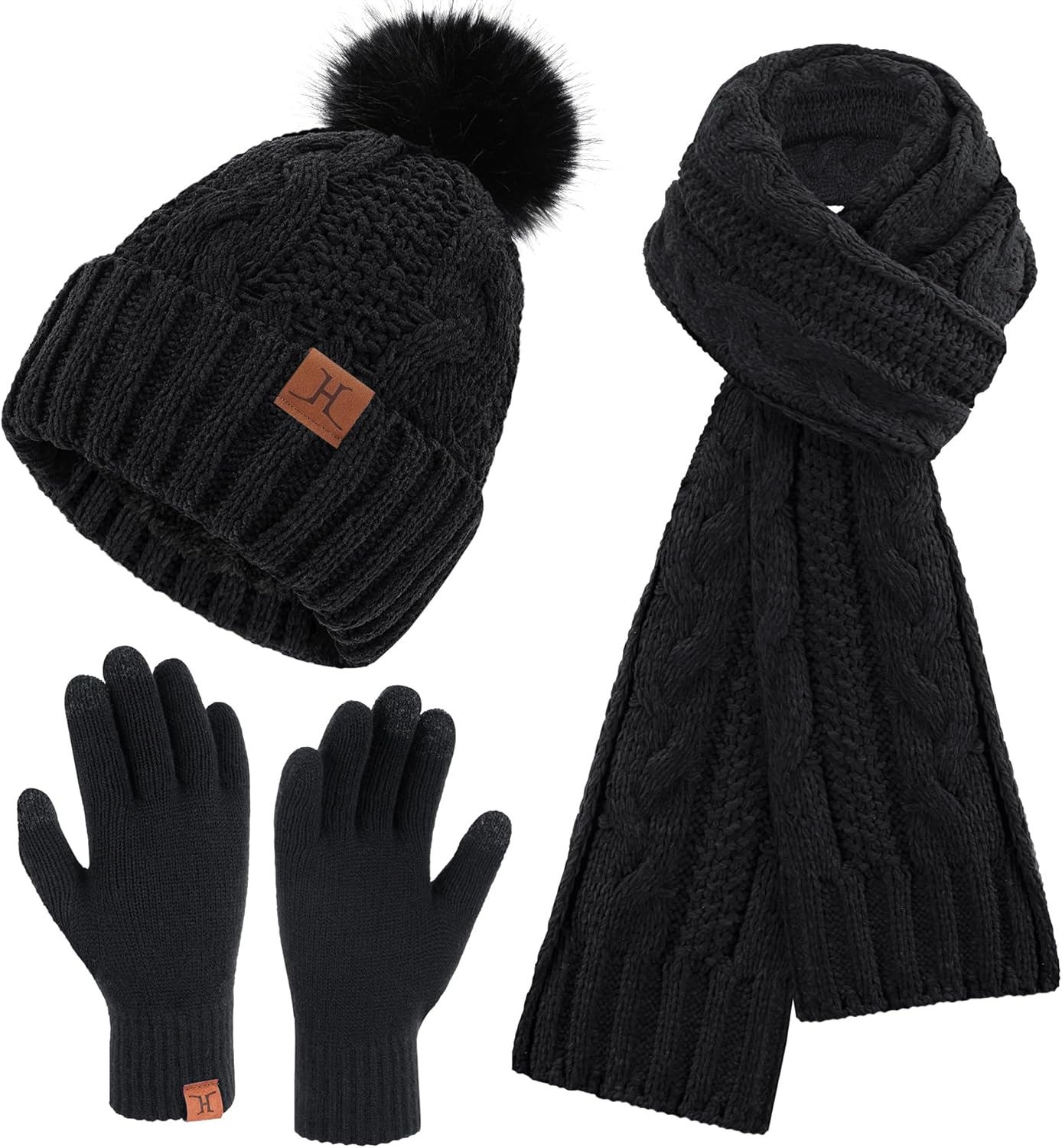 Womens Winter Beanie Hats Scarf Touchscreen Gloves Set Chenille Knit Fleece Lined Beanies Pompom Hat Scarves