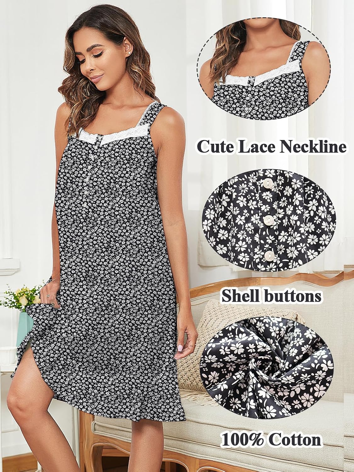 100% Cotton Nightgowns for Women Sleeveless Ladies Loungewear Sleepwear Lightweight Nightdress Comfy Soft Nightgown