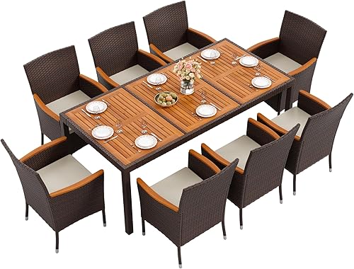 Miniatura 14 de Flamaker Juego de comedor de 7 piezas para patio, mesa y sillas de madera de acacia al aire libre con cojines suaves, muebles de patio de mimbre