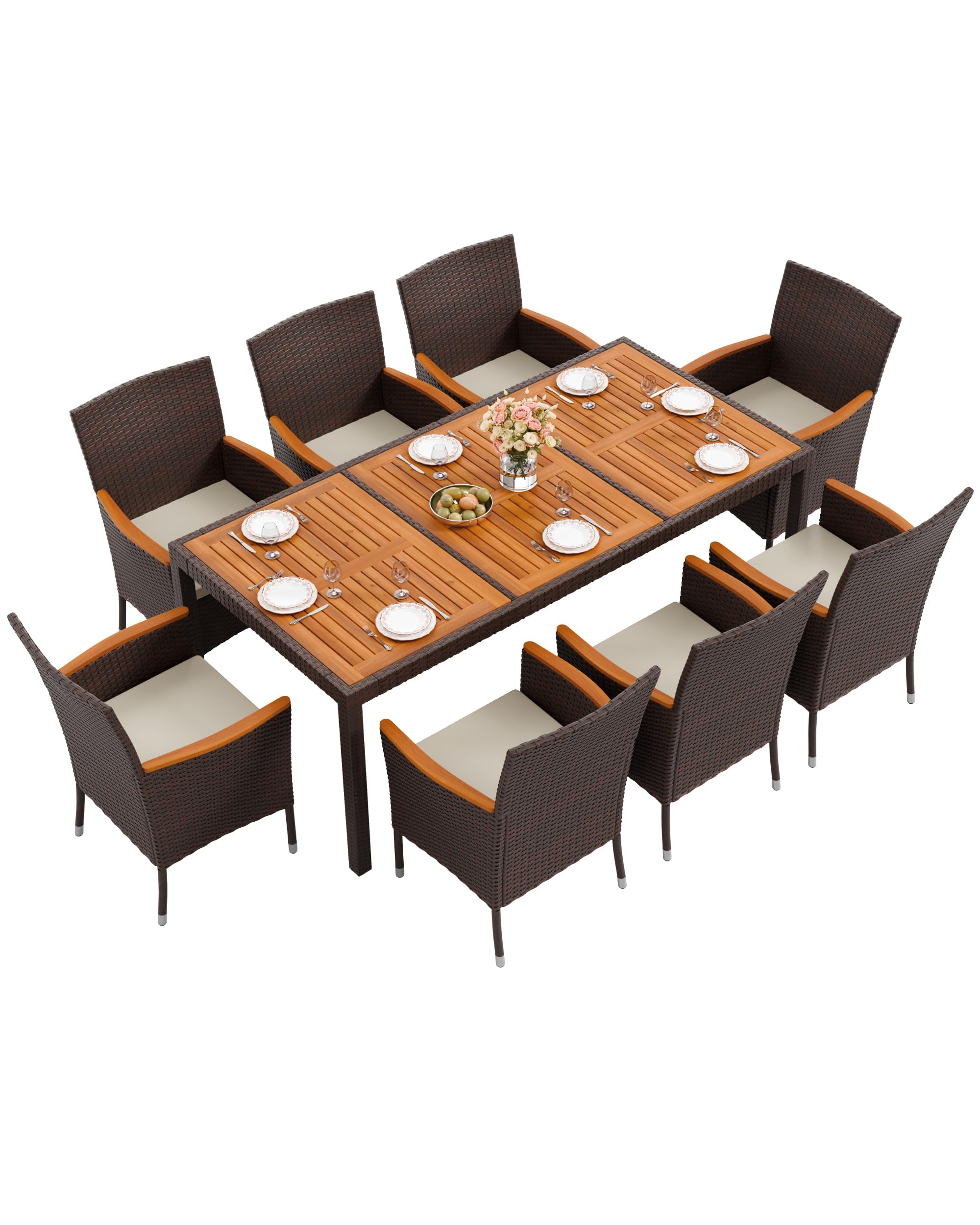 Flamaker Patio Dining Set for 8 Outdoor Acacia Wood Table and Chairs, Brown