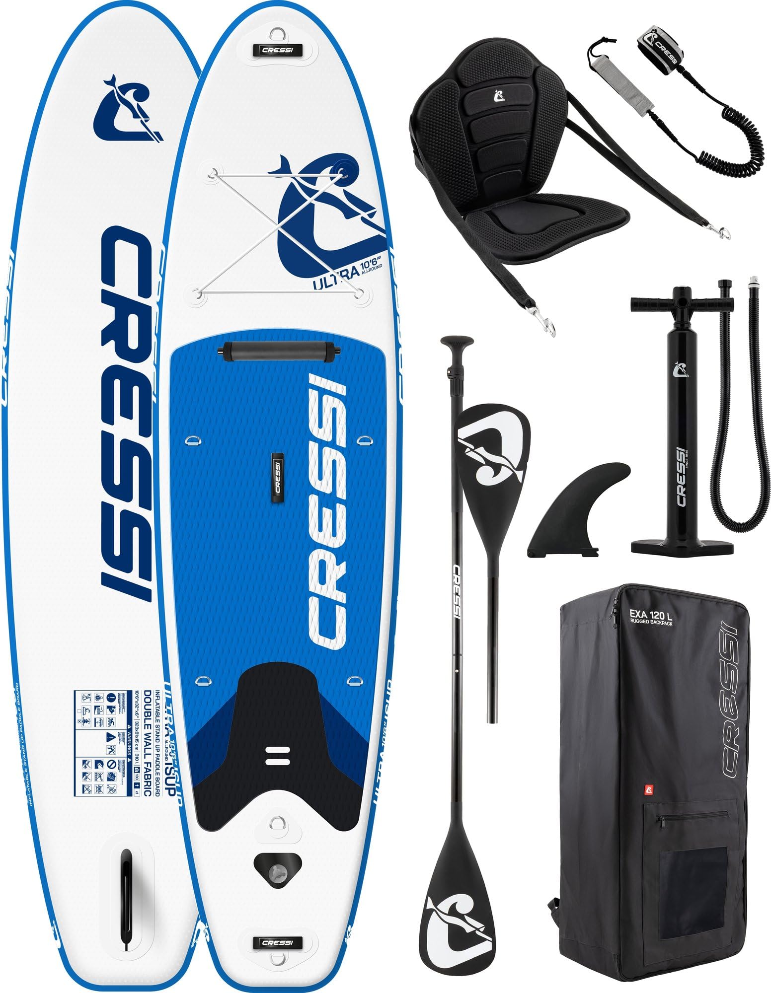 CRESSI dal 1946 - Ultra Isup/Kayak Set - Tavola Sup Gonfiabile Adulti Grande Stabilità e Resistenza Completa di Accessori Pagaia Pinna Pompa Laccio Borsa Zaino - 320x81x8 cm Max 130 kg
