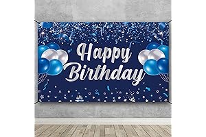 Happy Birthday Banner Backdrop for Boys | Blue and Silver Birthday Party Decorations