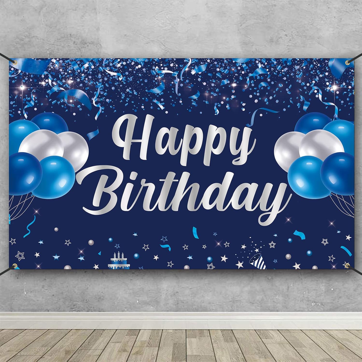 Trgowaul Happy Birthday Banner, Blue & Silver Birthday Party Decorations, Party Supplies for Men, Women & Kids, Photo Background Banner Decor for Indoor & Outdoor