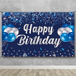 Trgowaul Happy Birthday Banner Backdrop, Blue and Silver Birthday Party Decorations, Birthday Party Supplies Men Women, Birthday Gifts Photo Background Banner Decor Girls Boys Kids Outdoor Indoor