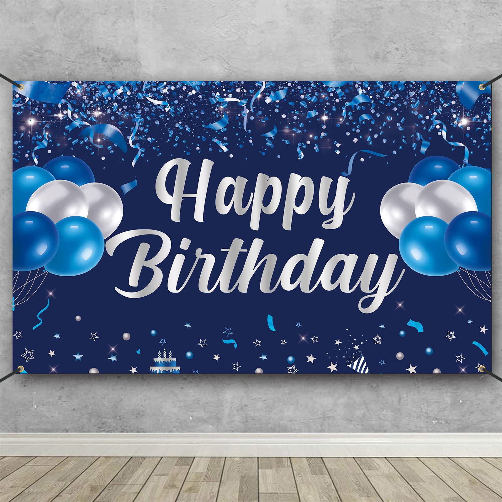 Trgowaul Happy Birthday Banner, Blue & Silver Birthday Party Decorations, Party Supplies for Men, Women & Kids, Photo Background Banner Decor for