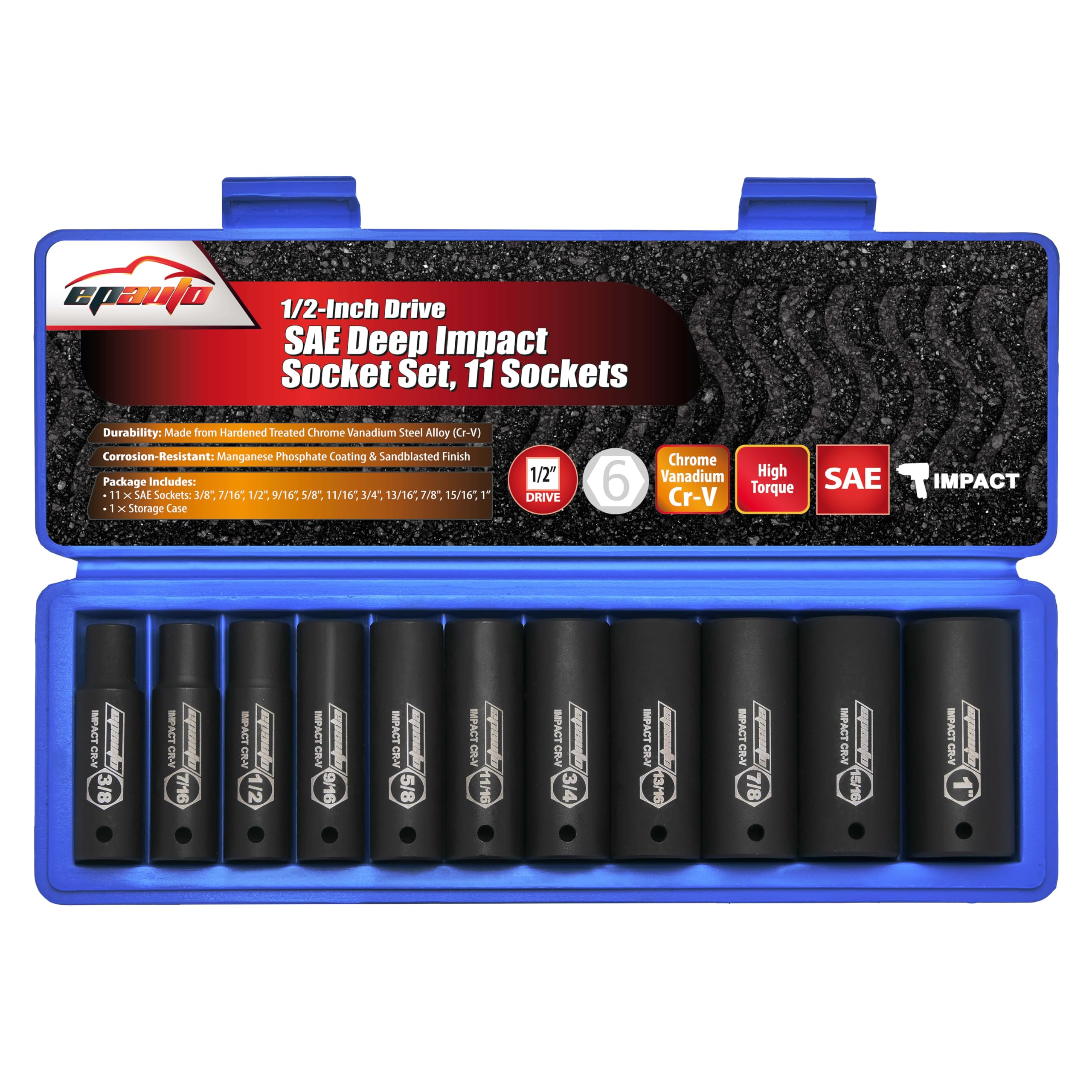EPAuto 1/2-Inch Drive SAE Deep Impact Socket Set, Cr-V, 6 Points, 11 Sockets