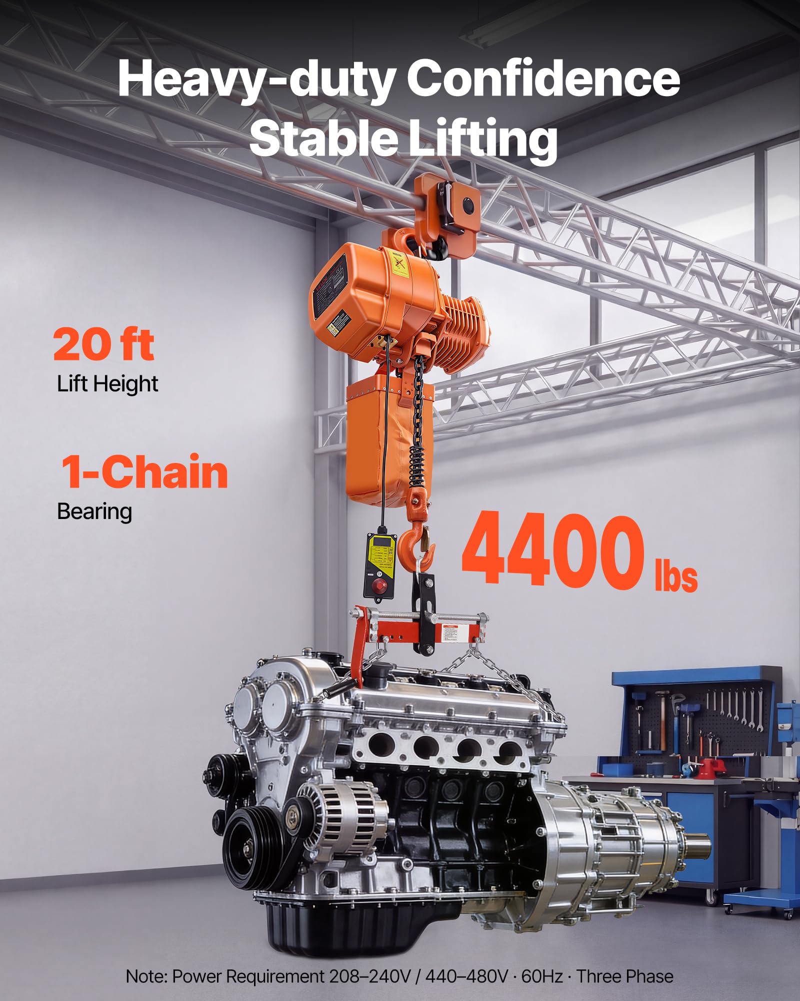 VEVOR Polipasto Eléctrico de Cadena Carga 2000 kg, Trifásico 380-415 V, 50Hz, Elevación de 6m, Cadena G100, Velocidad 6,6 m/min con Control Remoto Inalámbrico 100 m para Motor Garaje Reparación Taller