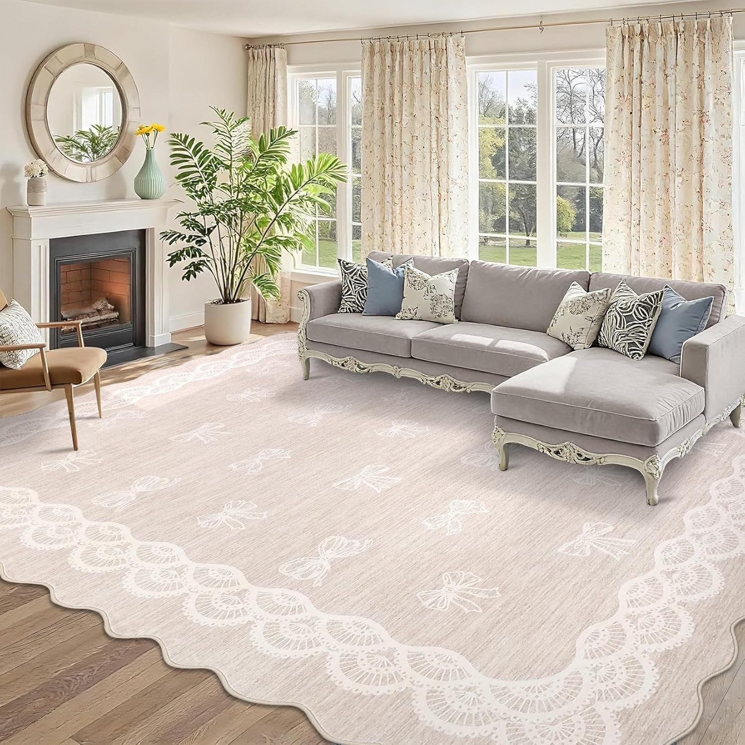9x12 Washable Rugs for Living Room Scalloped Rug Cute Rug for Girls Bedroom Stain Resistant Easy Cleaning Non Slip Floor Cover for Bedroom Dining Room Office Nursery, Beige/Bowknot