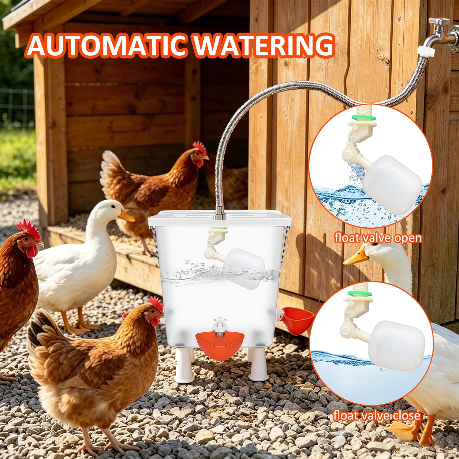 Bebedero automático de pollo con válvula flotante, dispensador de agua de aves de corral de 3 galones para gallinero, alimentador de riego autofilendible para gallinas, patos, codornices