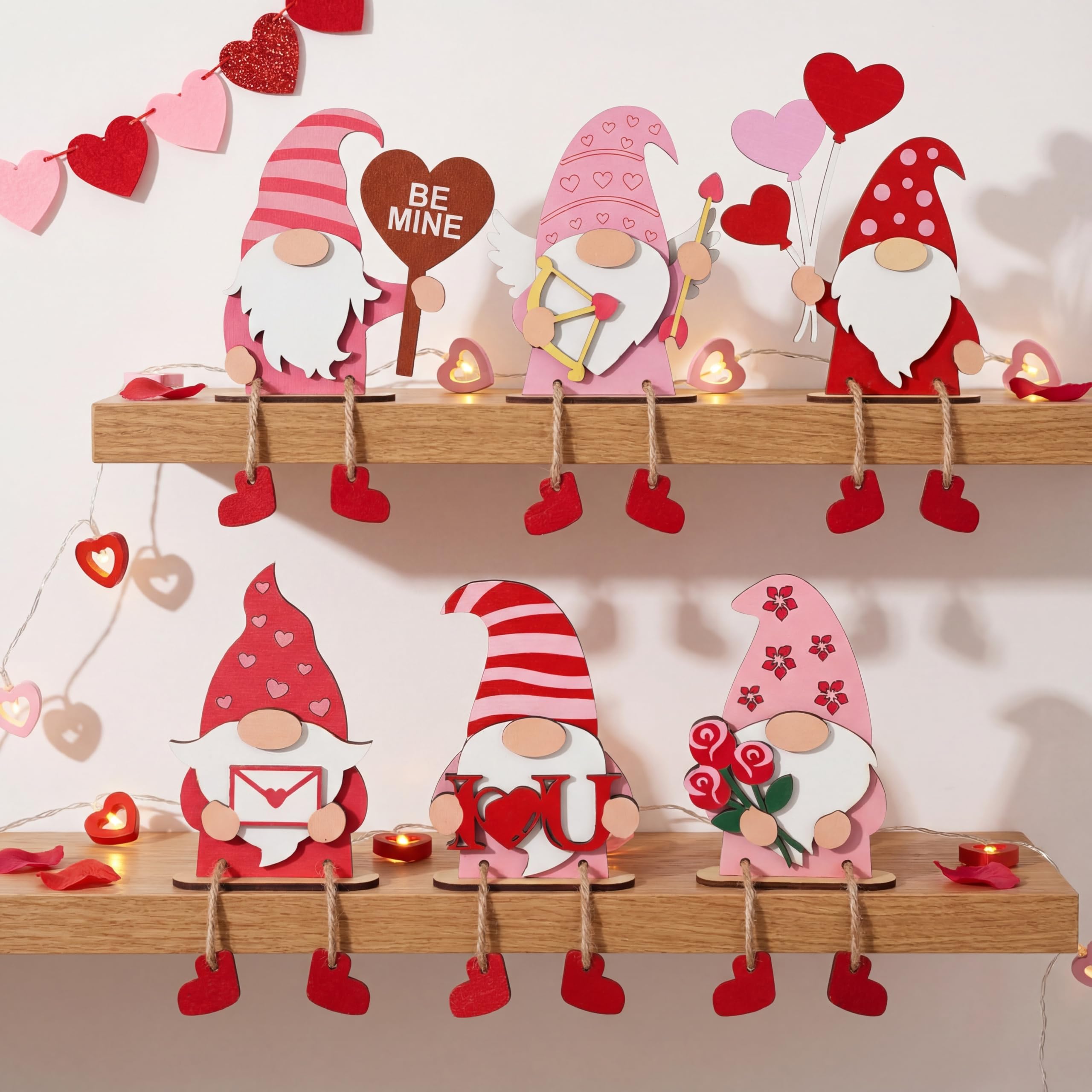 Yousoontic 6 Pcs Valentines Day Table Decorations Gnome Valentine Centerpiece with Dangling Legs, 3D Wooden Ornaments for Home, Fireplace, Office, Indoor Decor, Party Supplies, Pink and Red Gnomes